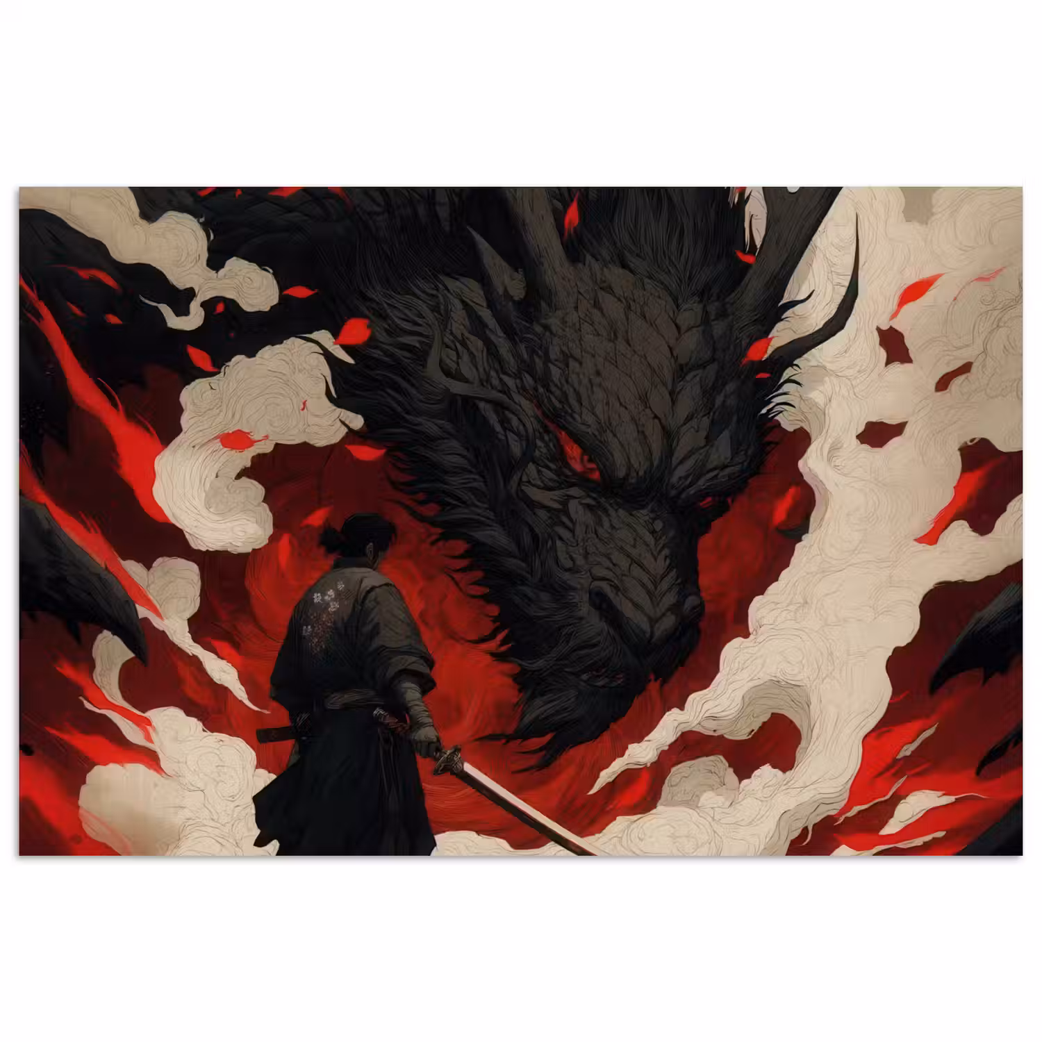 Krijger - Draak - Zwart - Rood - Rook poster papier klein -3d