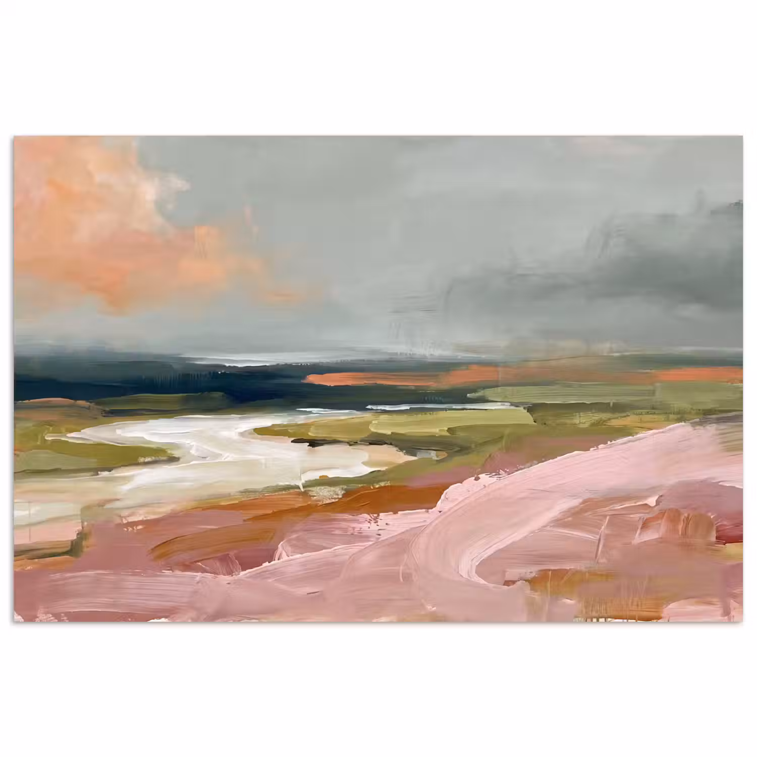 Landschap - Rivier - Abstract - Roze - Groen poster papier klein -3d