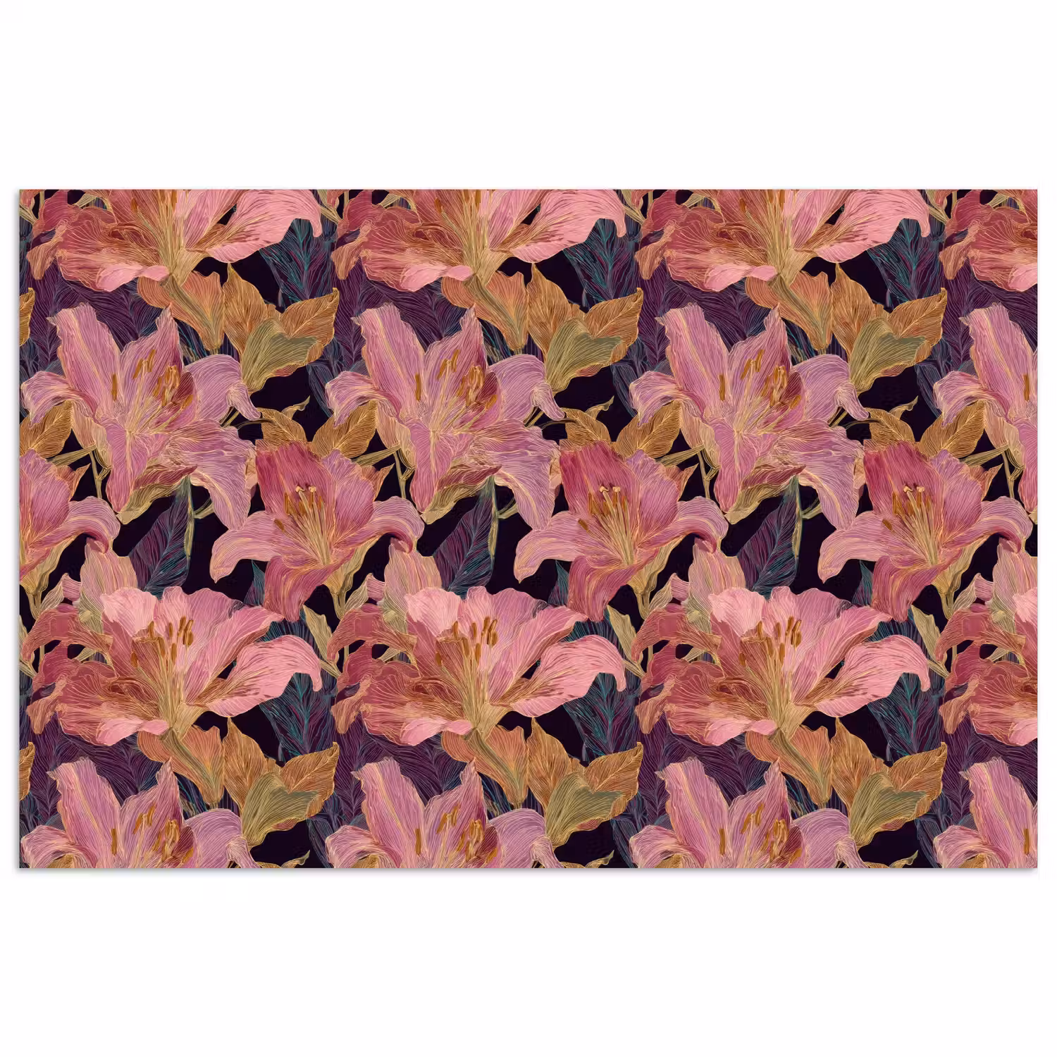 Lelies - Patroon - Roze - Goud poster papier klein 62 -3d