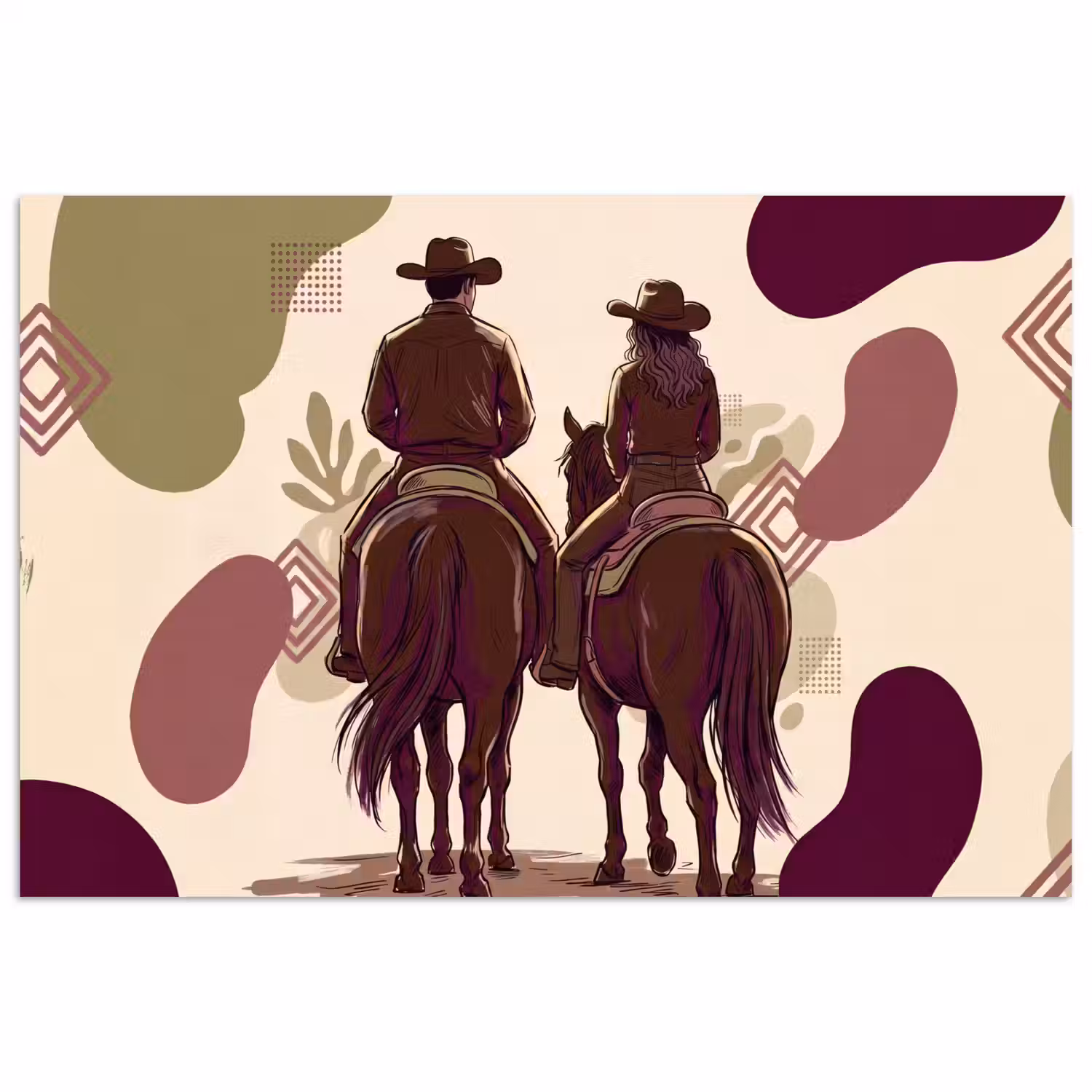 Mensen - Ruiters - Western - Illustratie - Bruin poster papier klein -3d