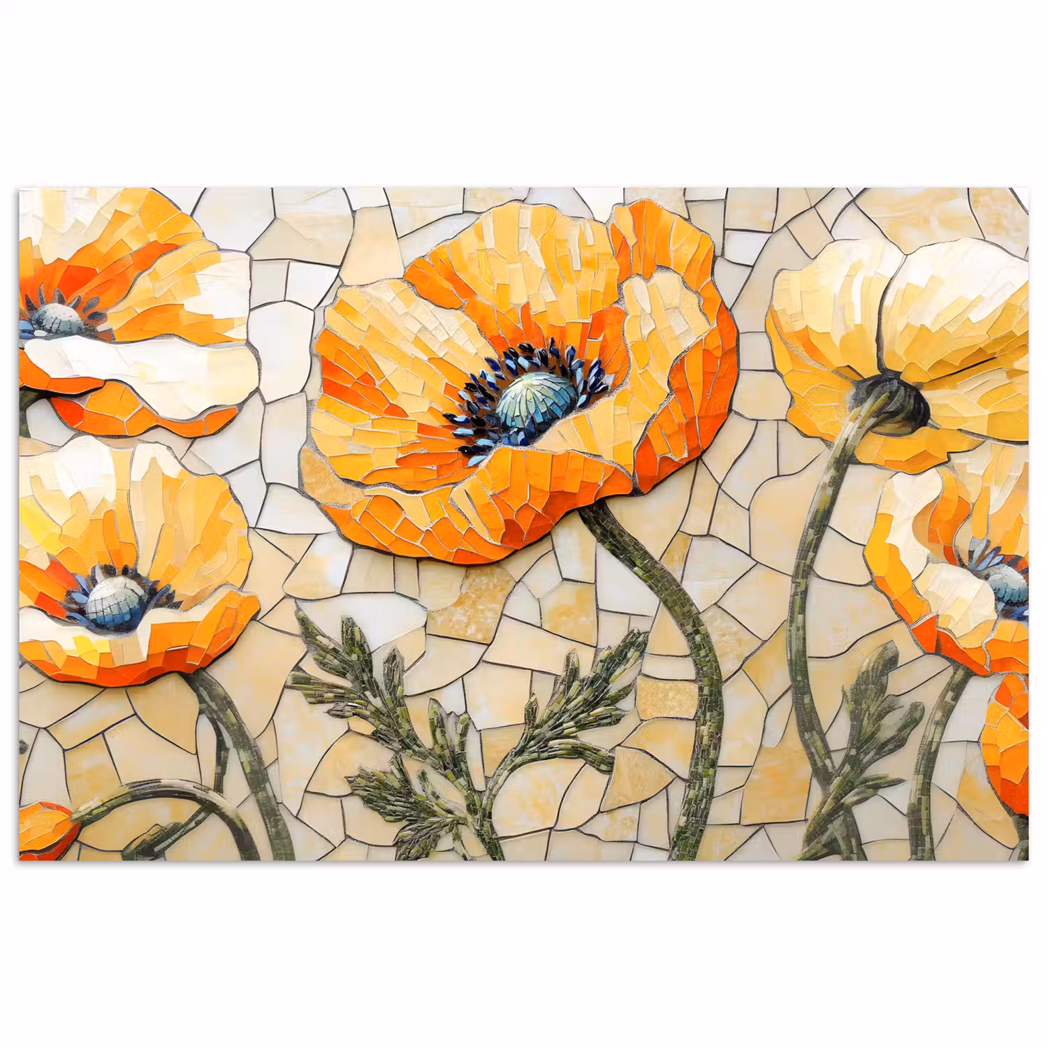 Klaprozen - Oranje - Mozaïek - Bladeren poster papier klein -3d