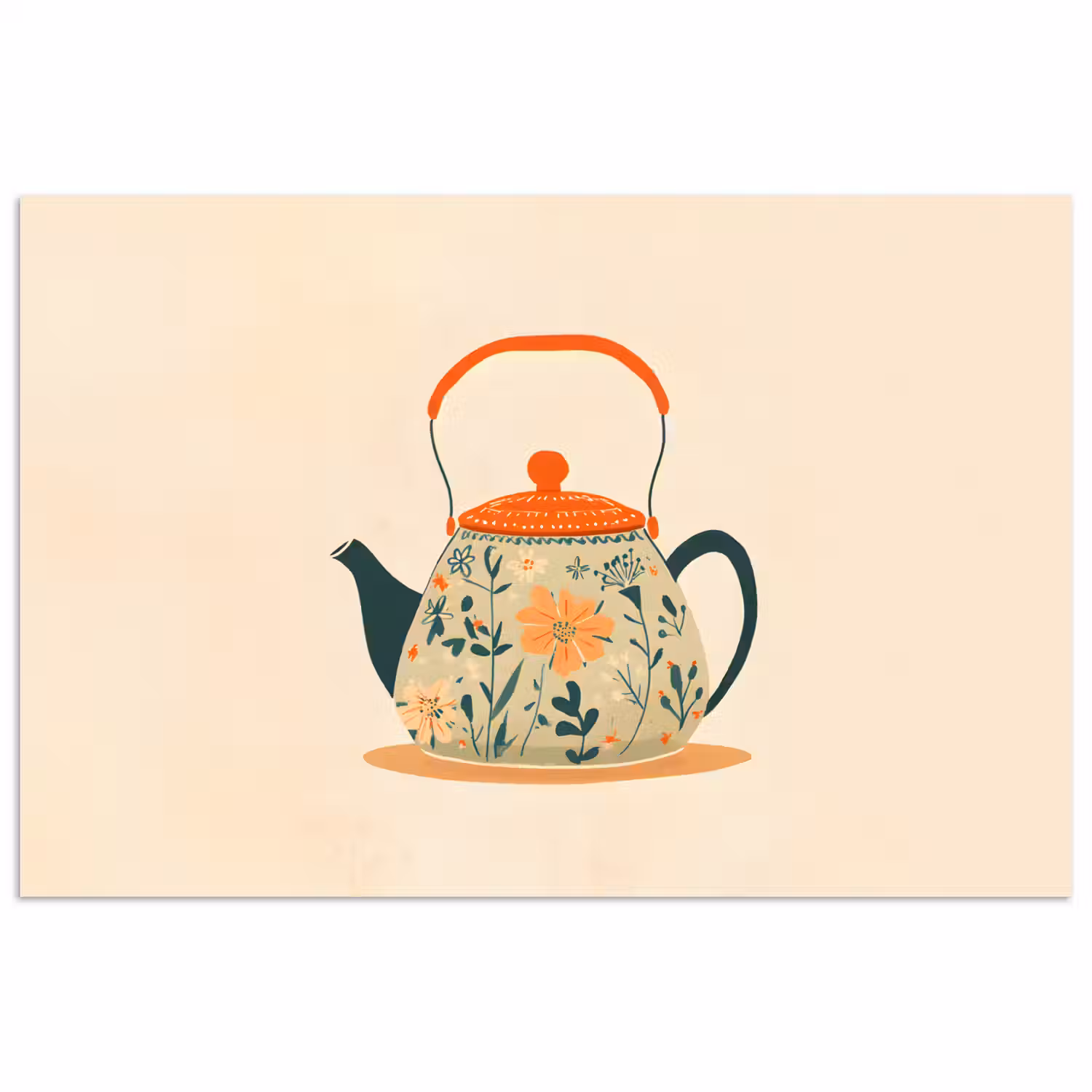 Oranje - Theepot - Bloemen - Bladeren poster papier klein -3d
