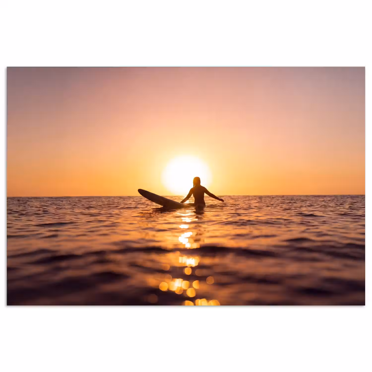 Persoon - Surfen - Zonsondergang - Zee - Oranje poster papier klein -3d