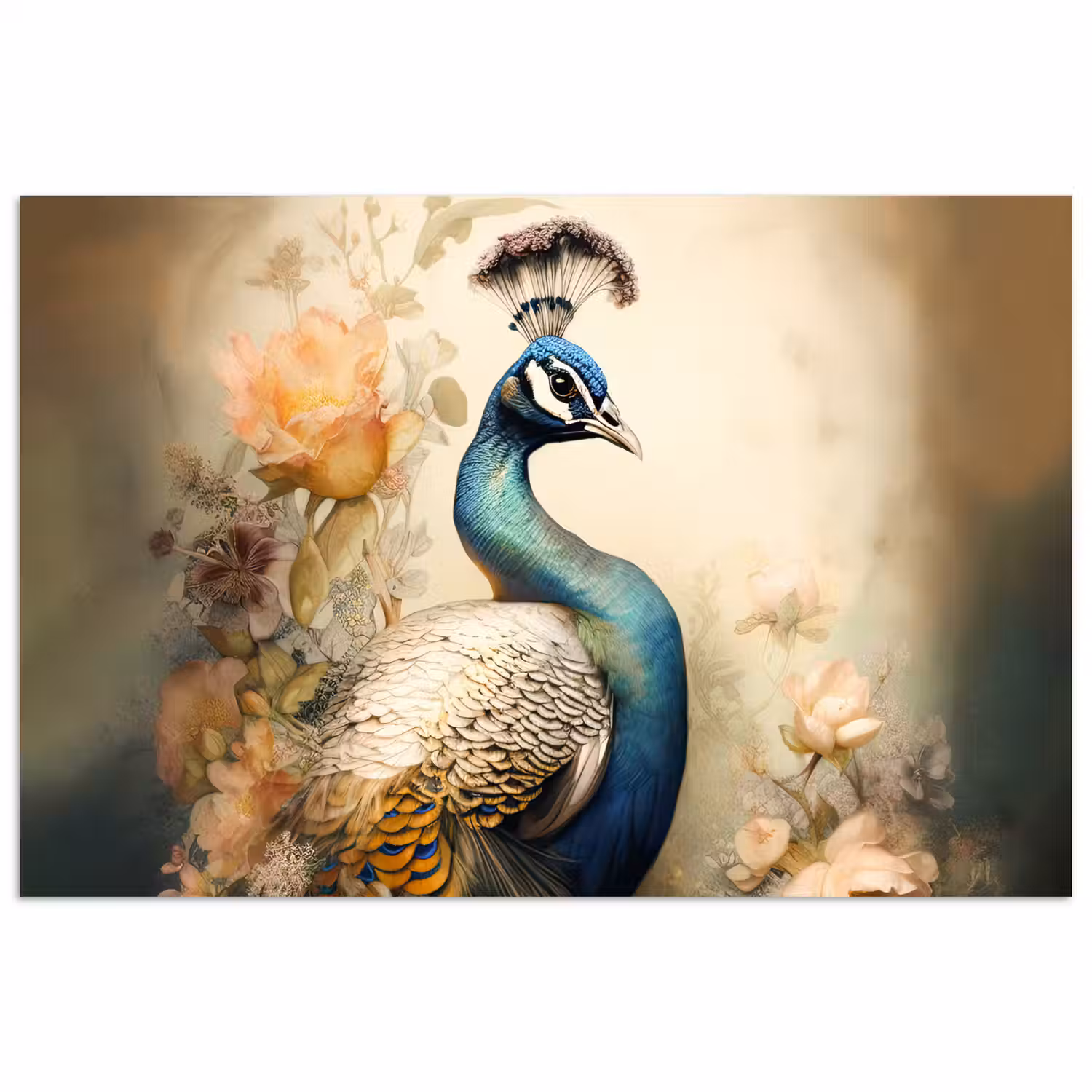Pauw - Pauwenveren - Bloemen - Vogels - Botanisch poster papier klein -3d
