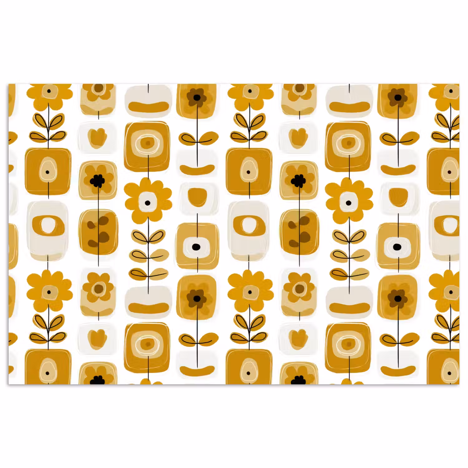 Retro - Abstract - Bloemen - Okergeel poster papier klein 62 -3d