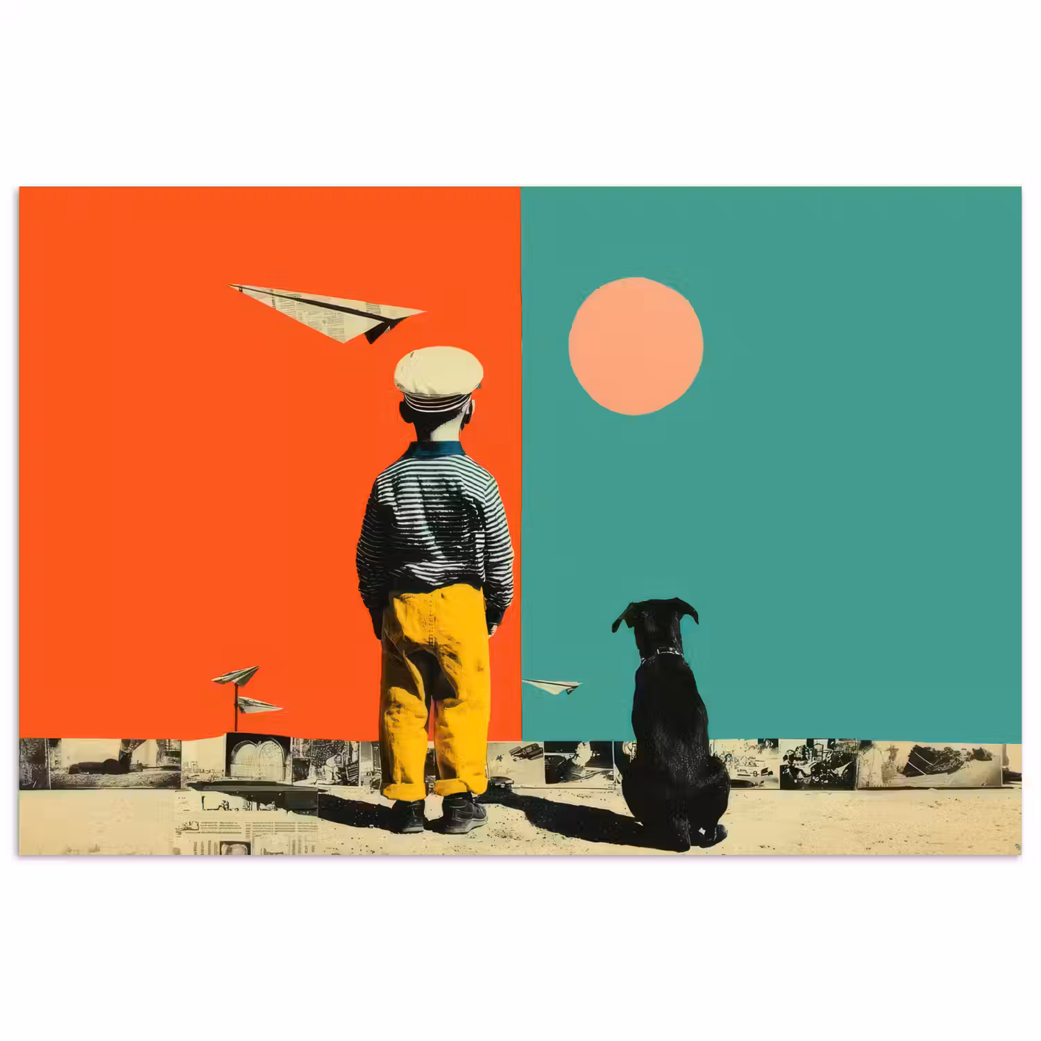 Retro - Jongen - Hond - Rood - Groen poster papier klein -3d