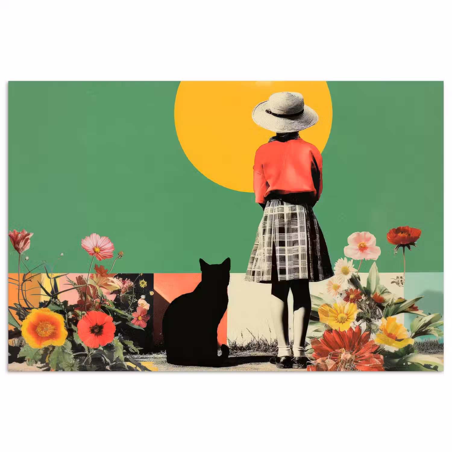 Retro - Meisje - Kat - Zon poster papier klein -3d