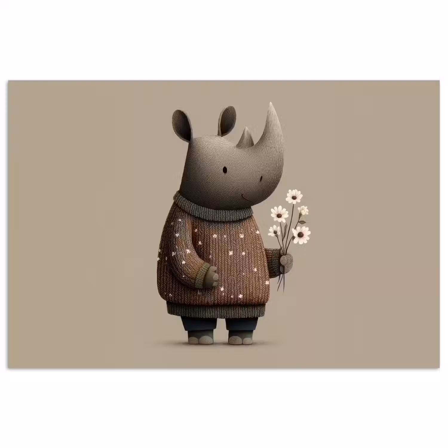 Neushoorn - Witte bloemen - Lief poster papier klein -3d