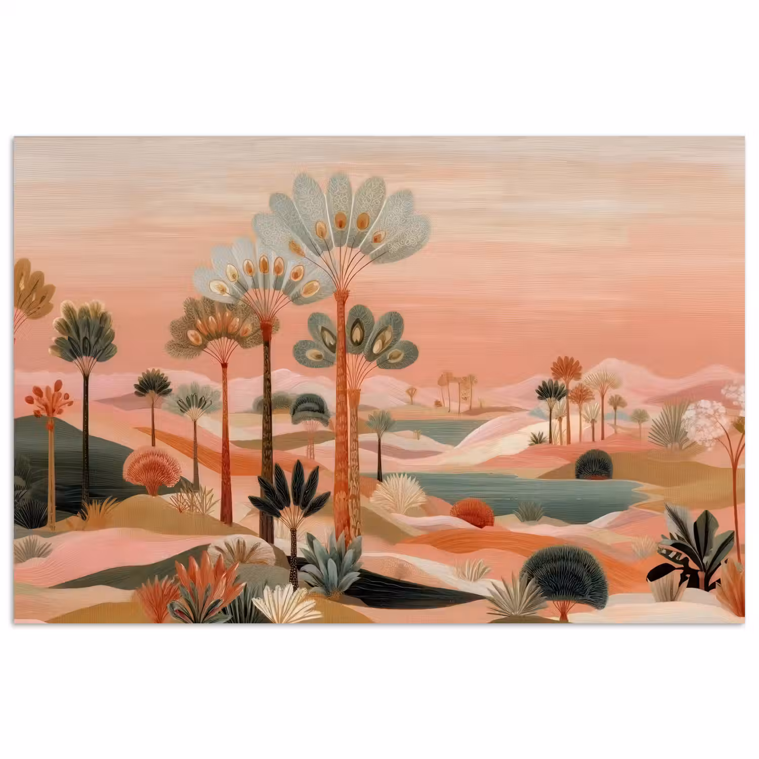 Roze landschap - Palmen - Water poster papier klein -3d