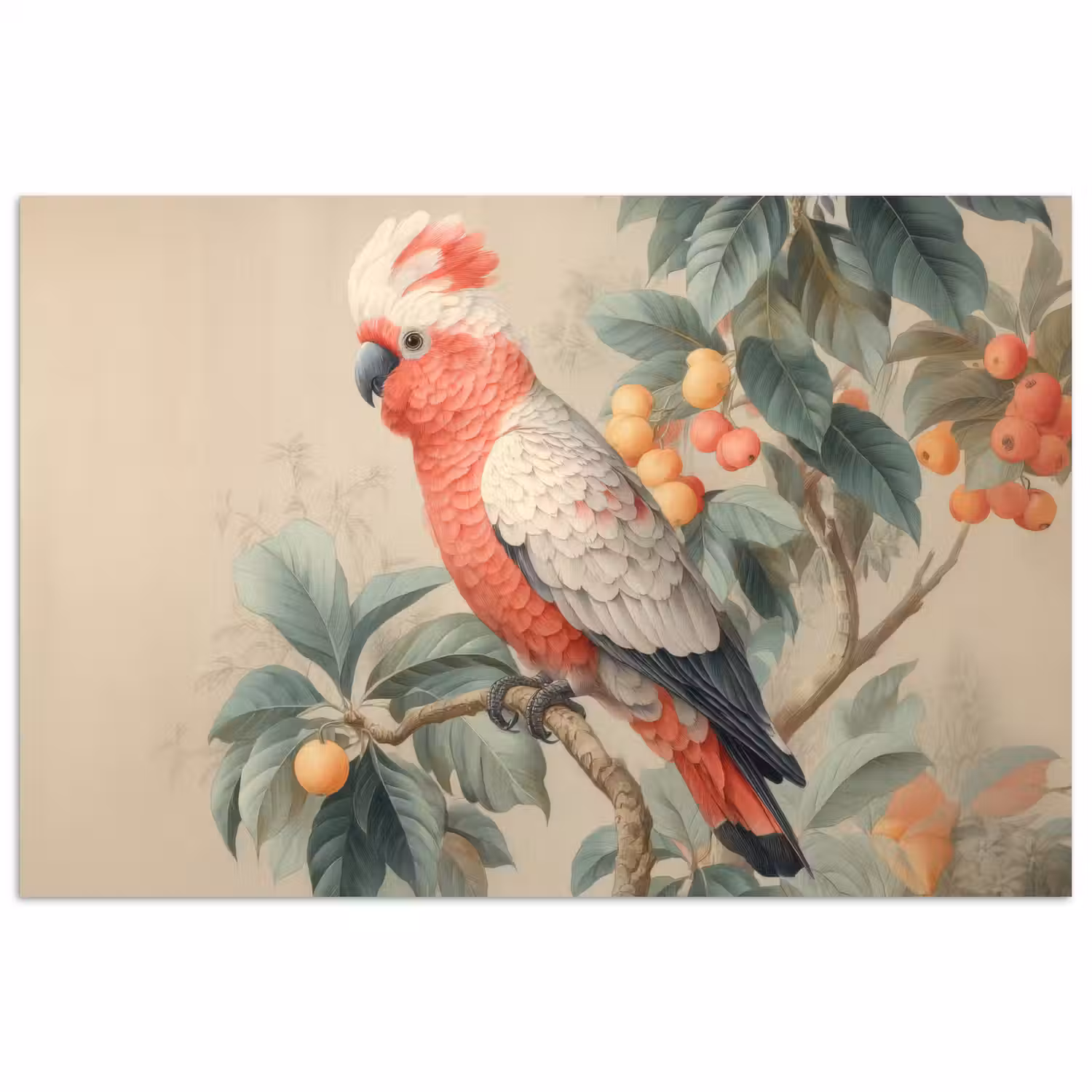 Roze kuifkaketoe - Tak met vruchten - Bladeren poster papier klein -3d