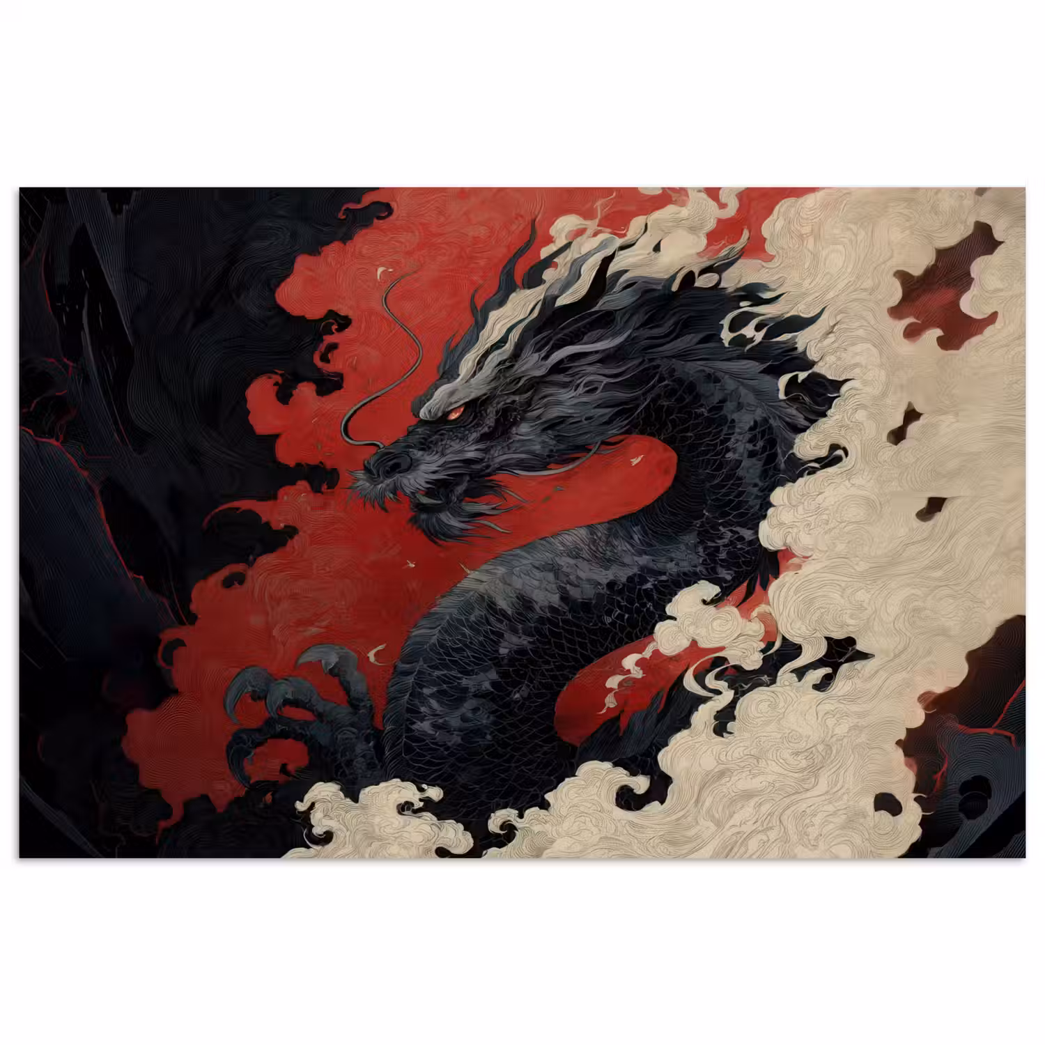 Zwarte draak - Rookwolken - Rood poster papier klein -3d
