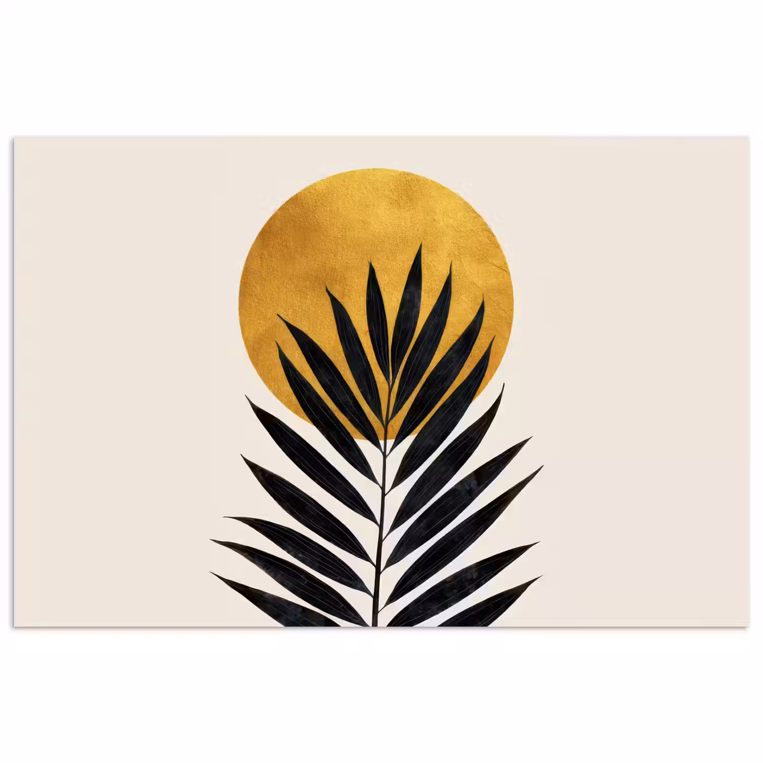 Zwart palmblad - Gouden cirkel - Beige achtergrond poster papier klein -3d