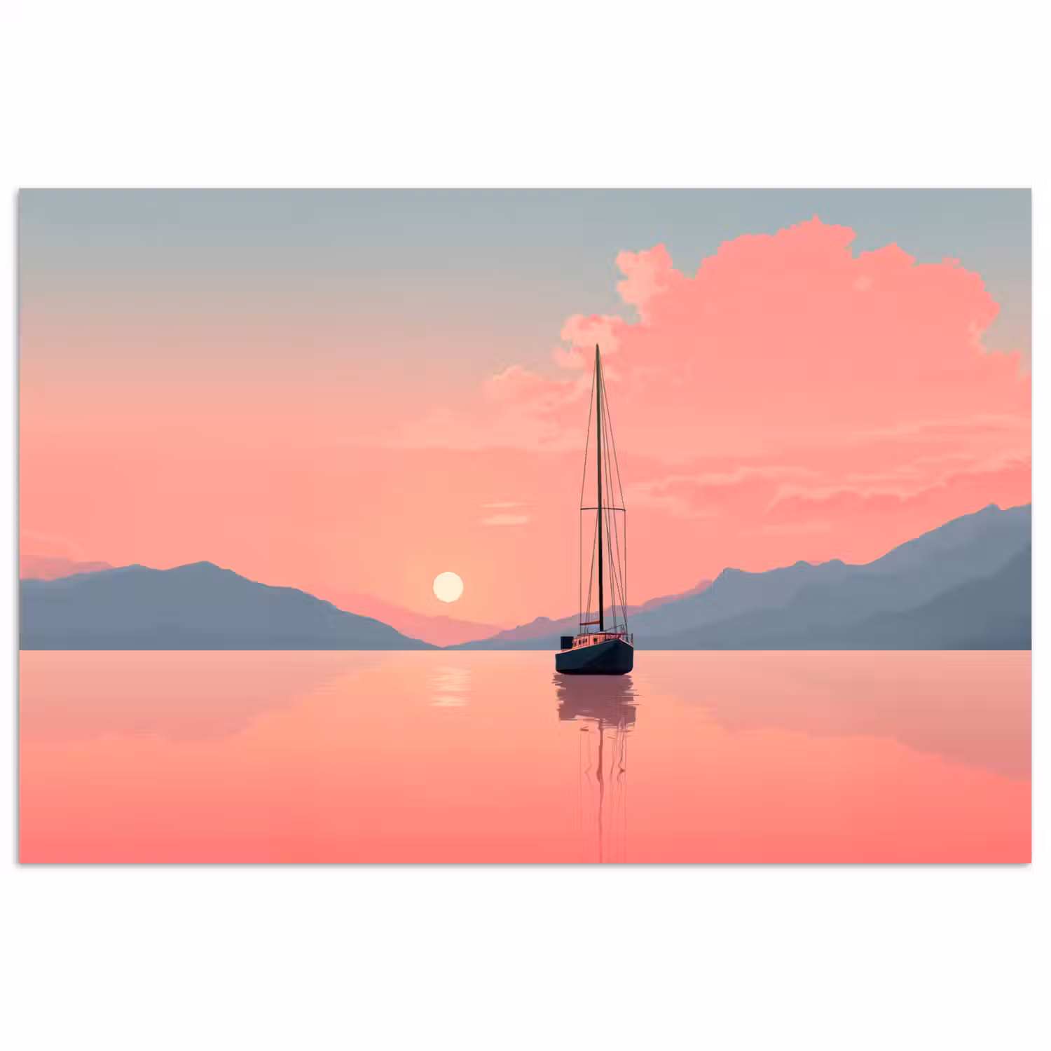 Zeilboot - Roze zee - Zonsondergang - Bergen poster papier klein -3d