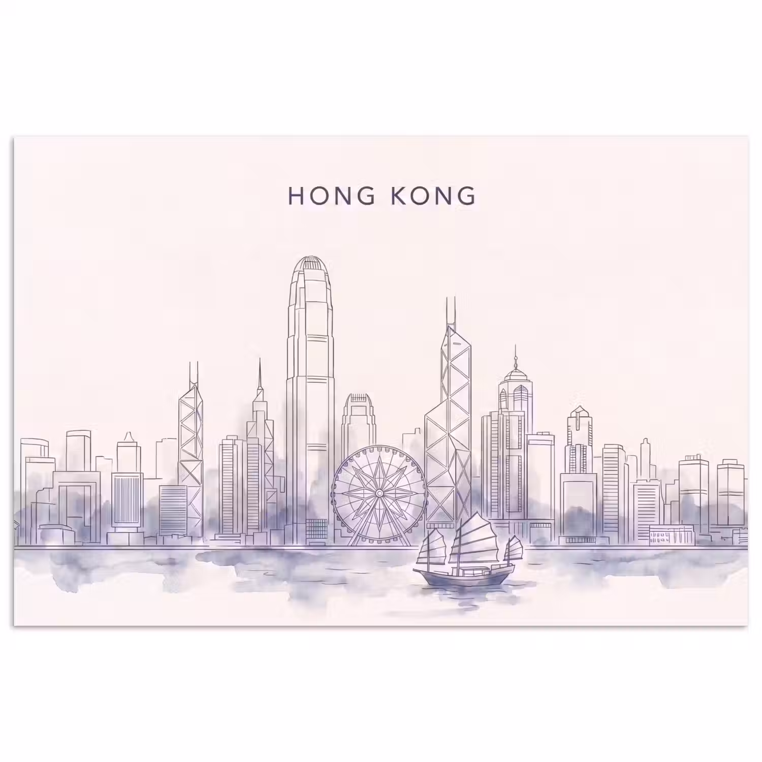 Stad - Skyline - Water - Lijntekening - Blauw poster papier klein -3d