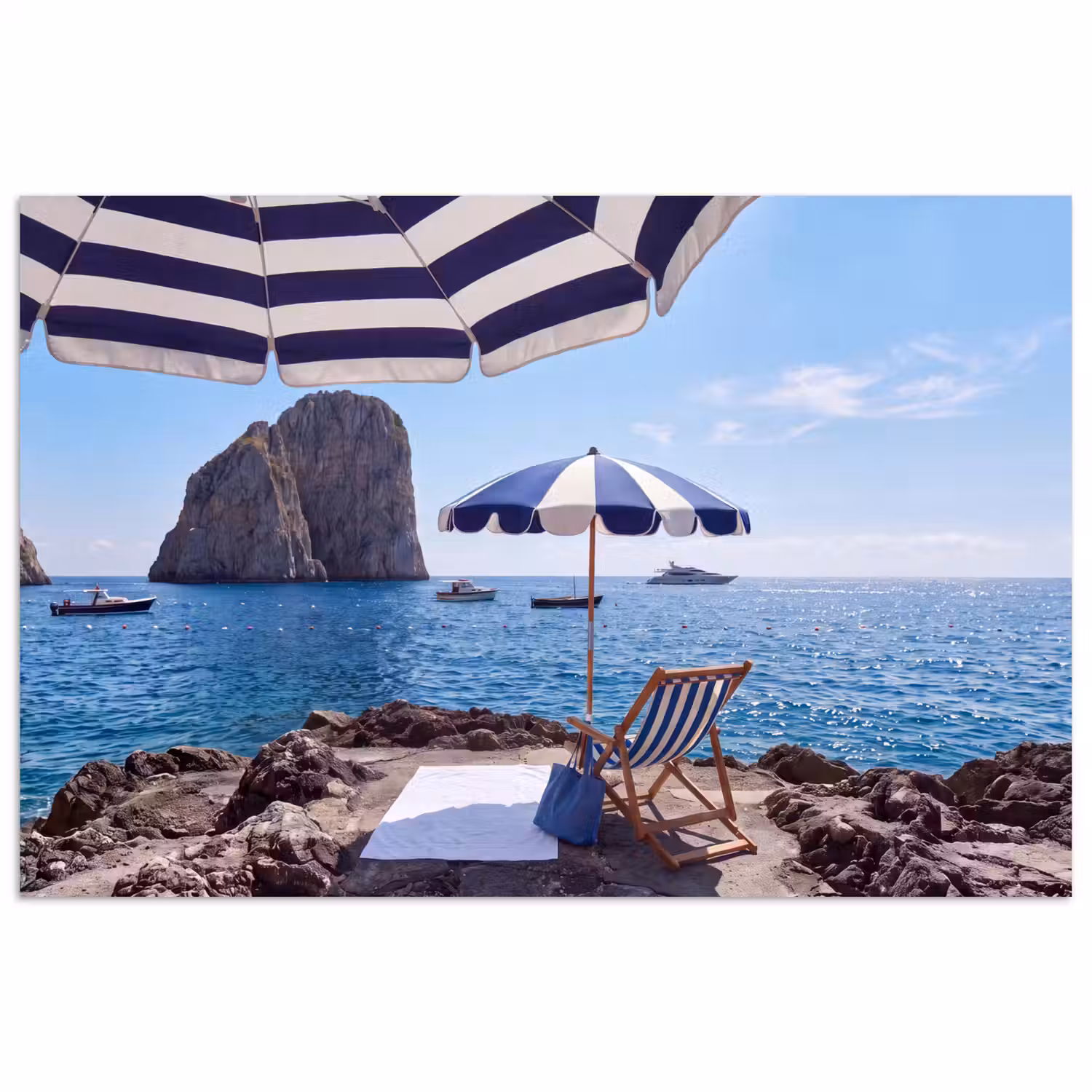 Strand - Ligstoel - Parasol - Zomer - Blauw poster papier klein -3d