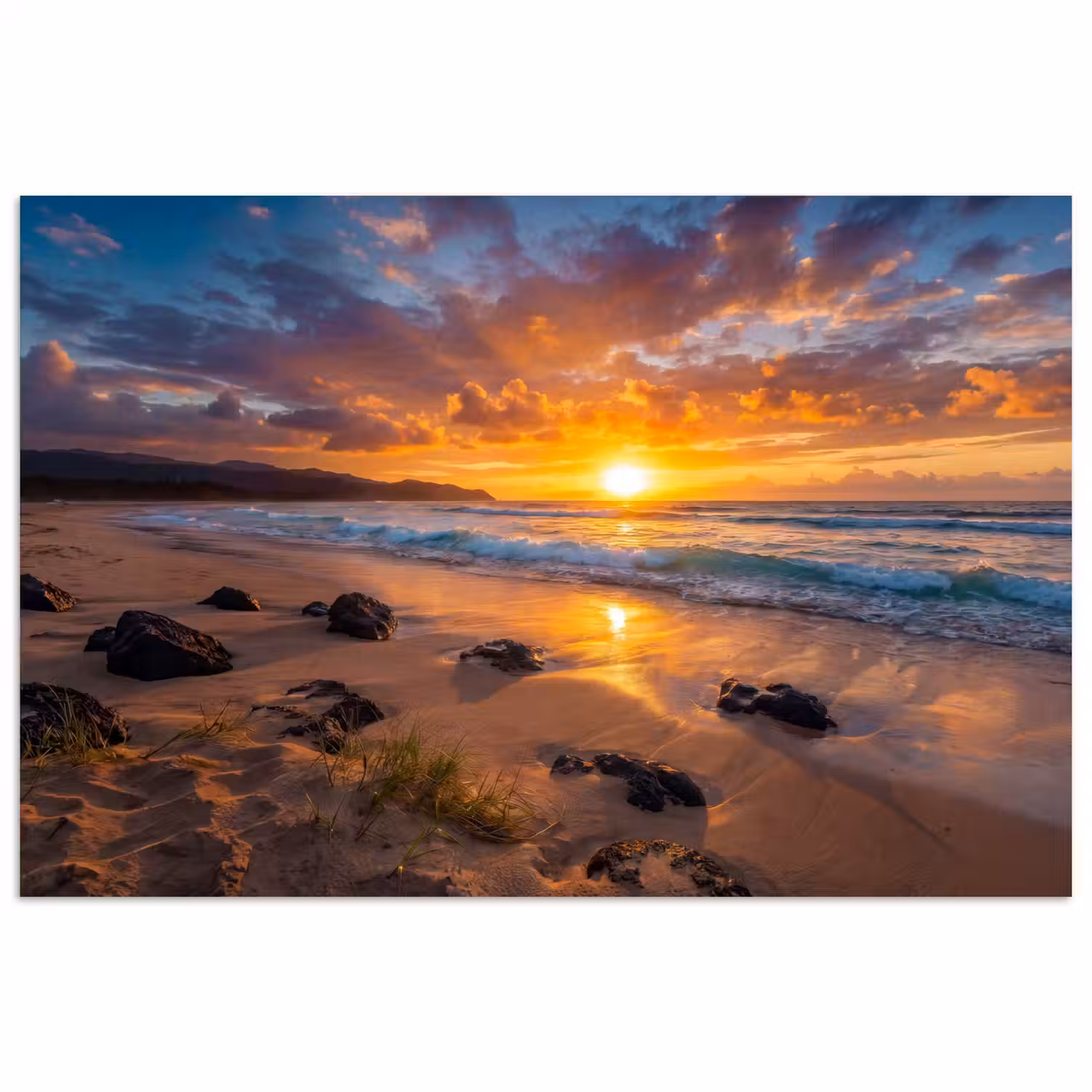 Strand - Zonsondergang - Golven - Natuur - Oranje poster papier klein -3d