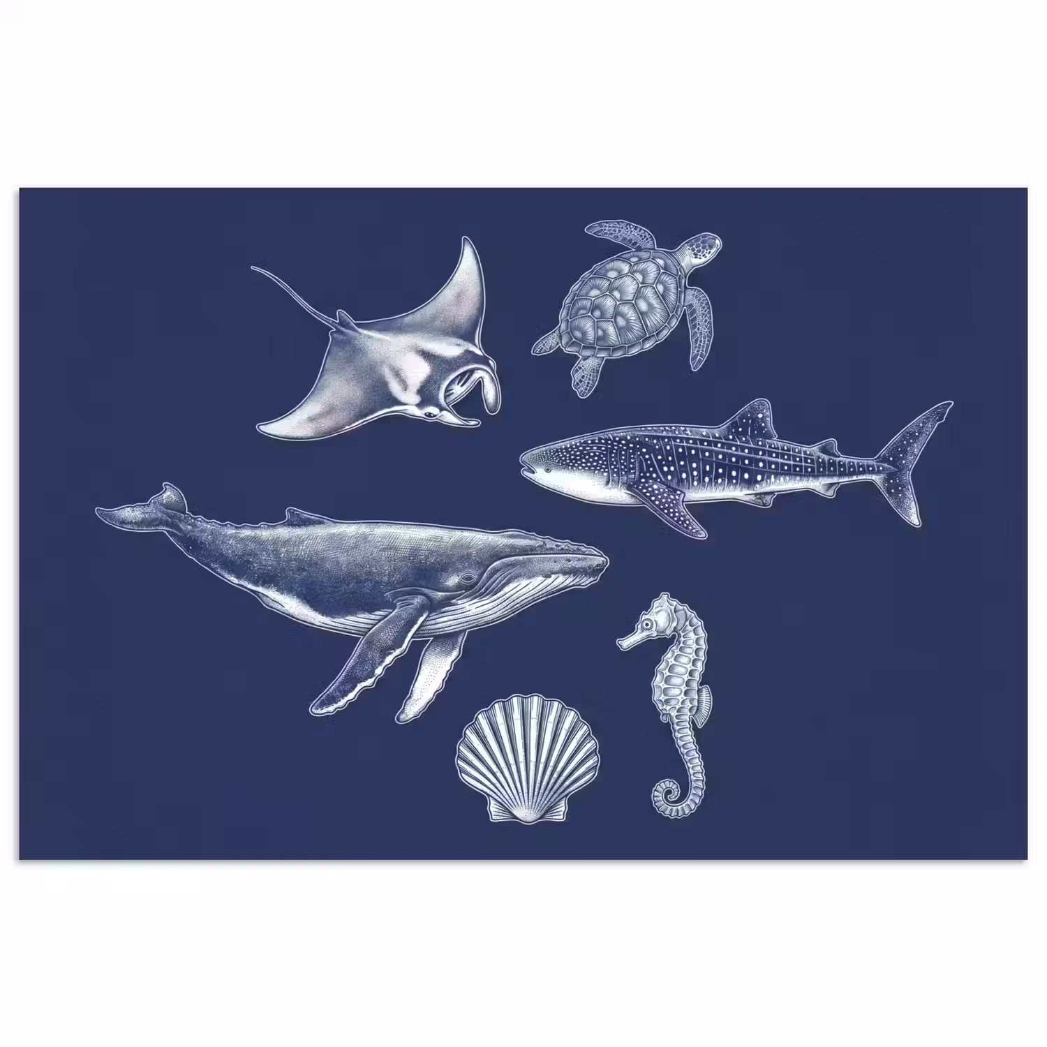 Dieren - Zeeleven - Oceaan - Graveren - Blauw poster papier klein -3d