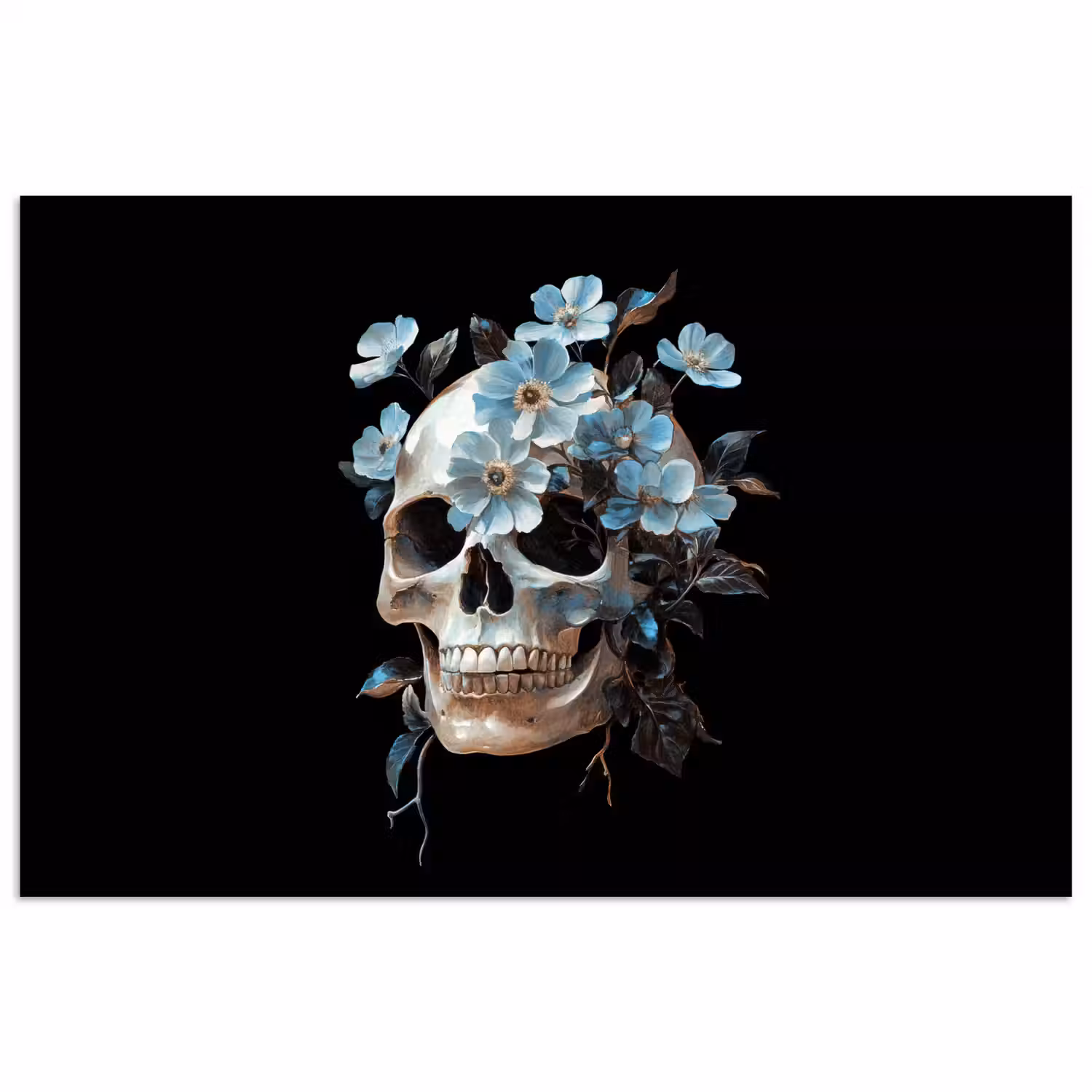 Schedel - Blauw - Bloemen - Bladeren poster papier klein -3d