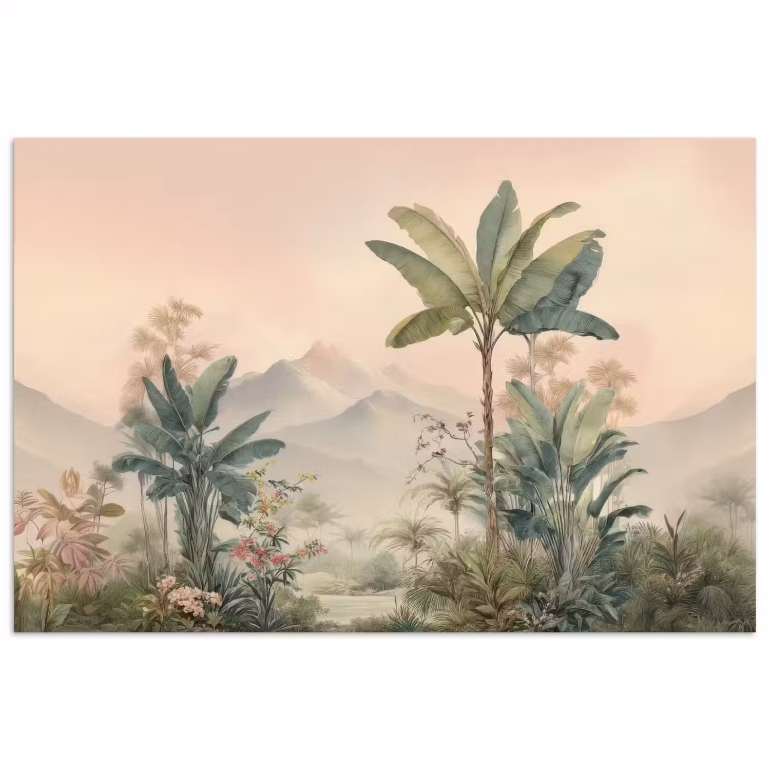 Tropisch landschap - palmbomen - Bloemen - Roze lucht poster papier klein -3d