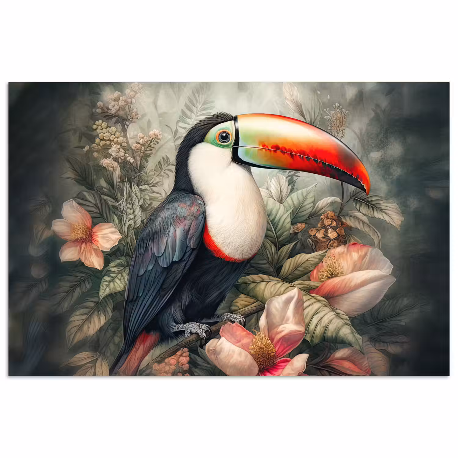 Toekan - Vogels - Bloemen - Planten - Tropisch poster papier klein -3d