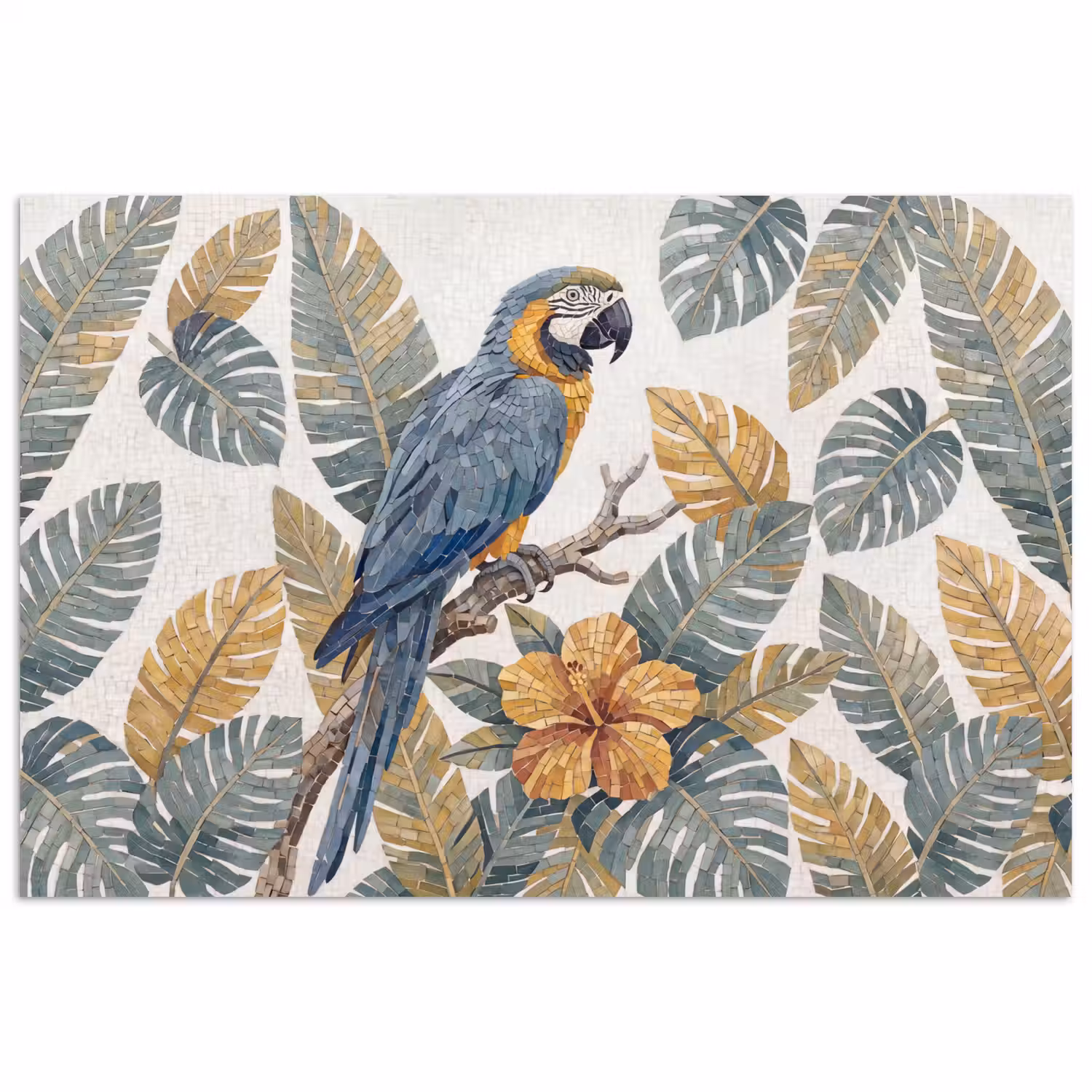 Vogel - Tak - Natuur - Mozaïek - Blauw poster papier klein -3d