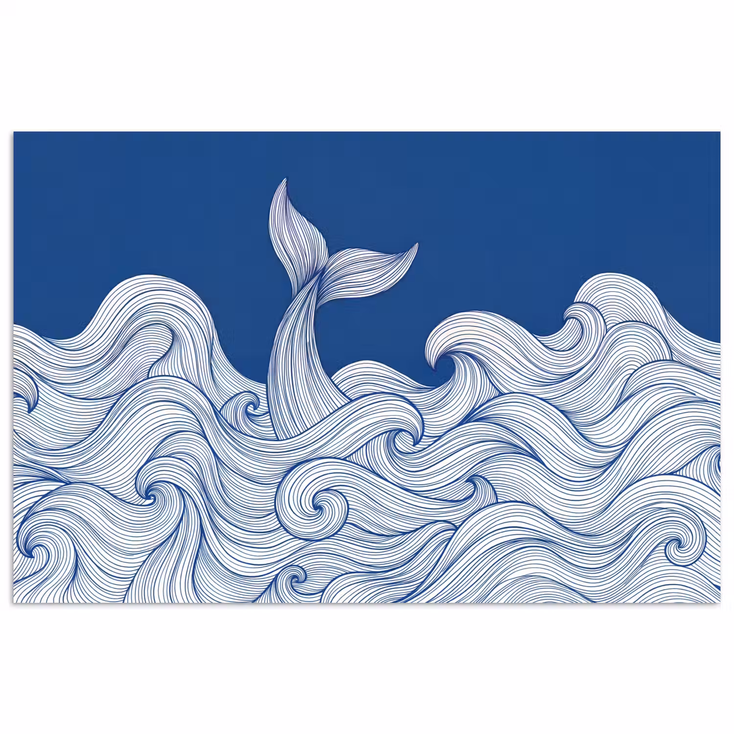 Walvis - Staart - Golven - Lijntekening - Blauw poster papier klein -3d