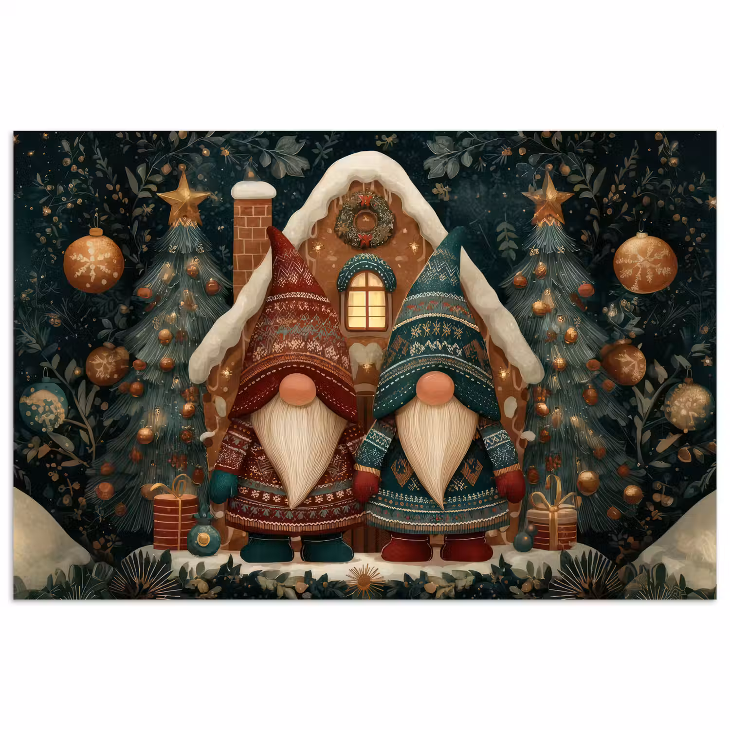 Kerst - Gnomen - Peperkoekhuisje - Rood - Groen poster papier klein -3d