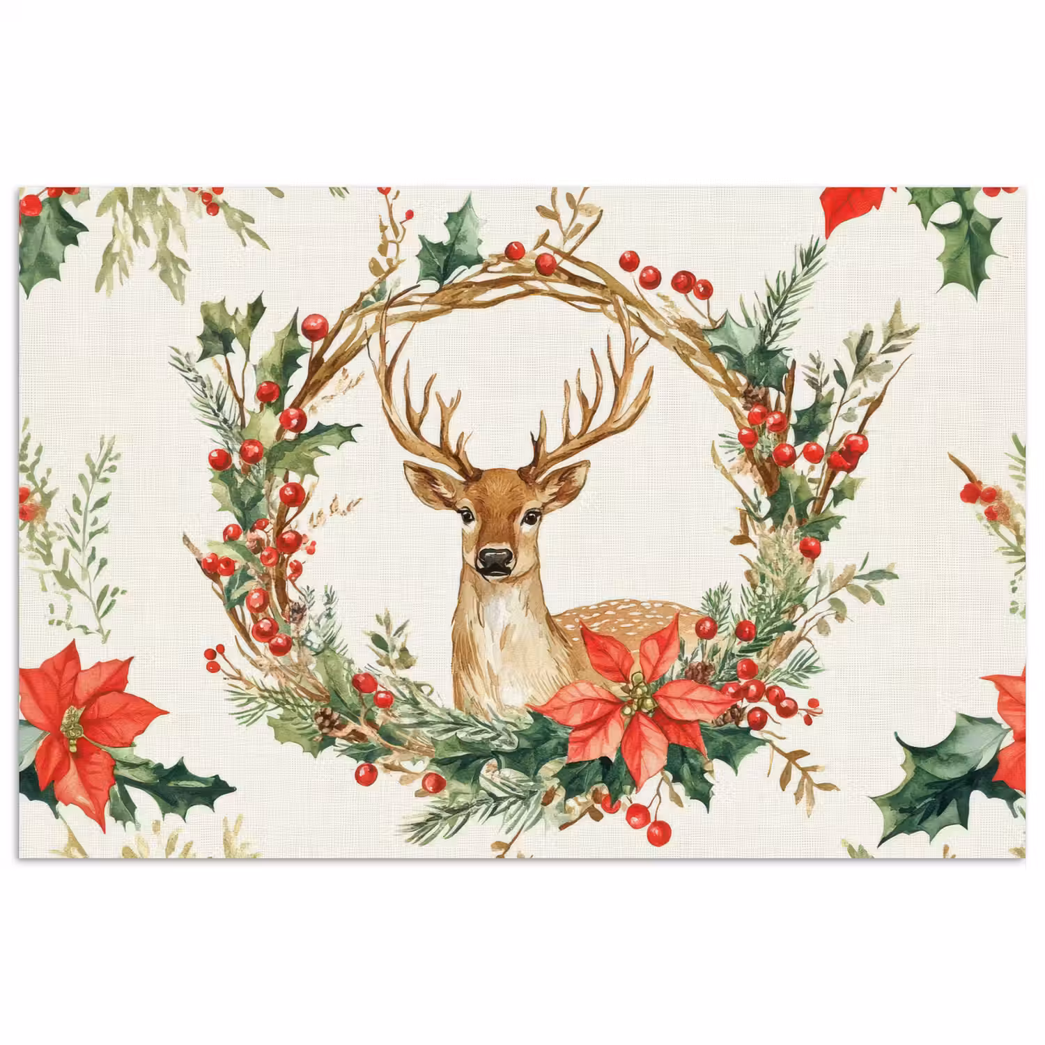 Kerstkrans - Hert - Hulst - Rood poster papier klein -3d