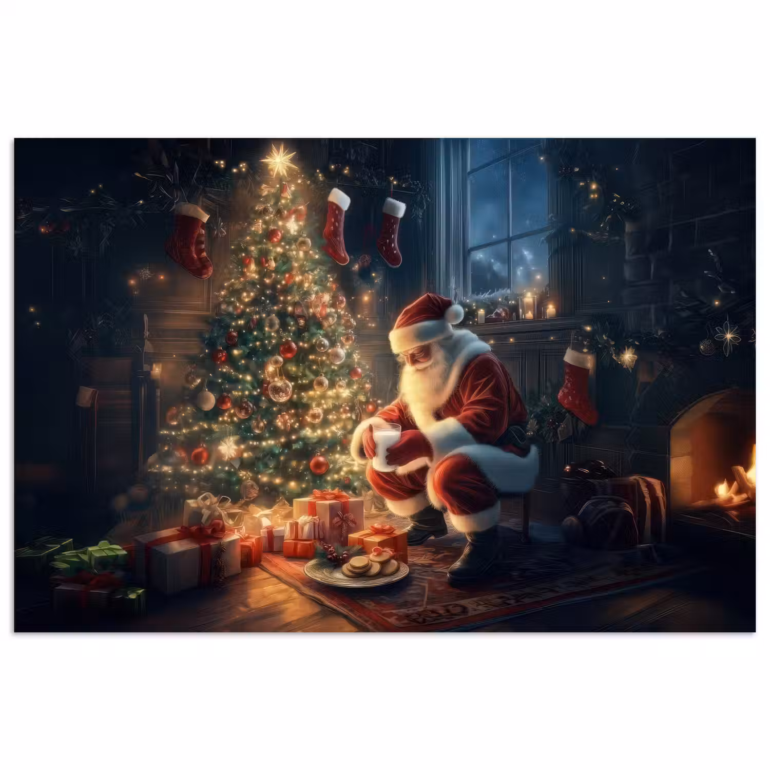 Kerstman - Haard - Donker poster papier klein -3d