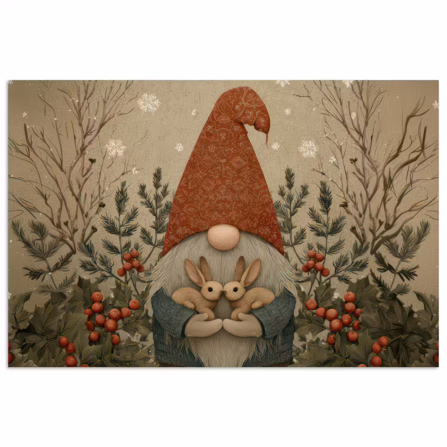 Kerstgnome - Konijntjes - Kleurrijk poster papier klein -3d