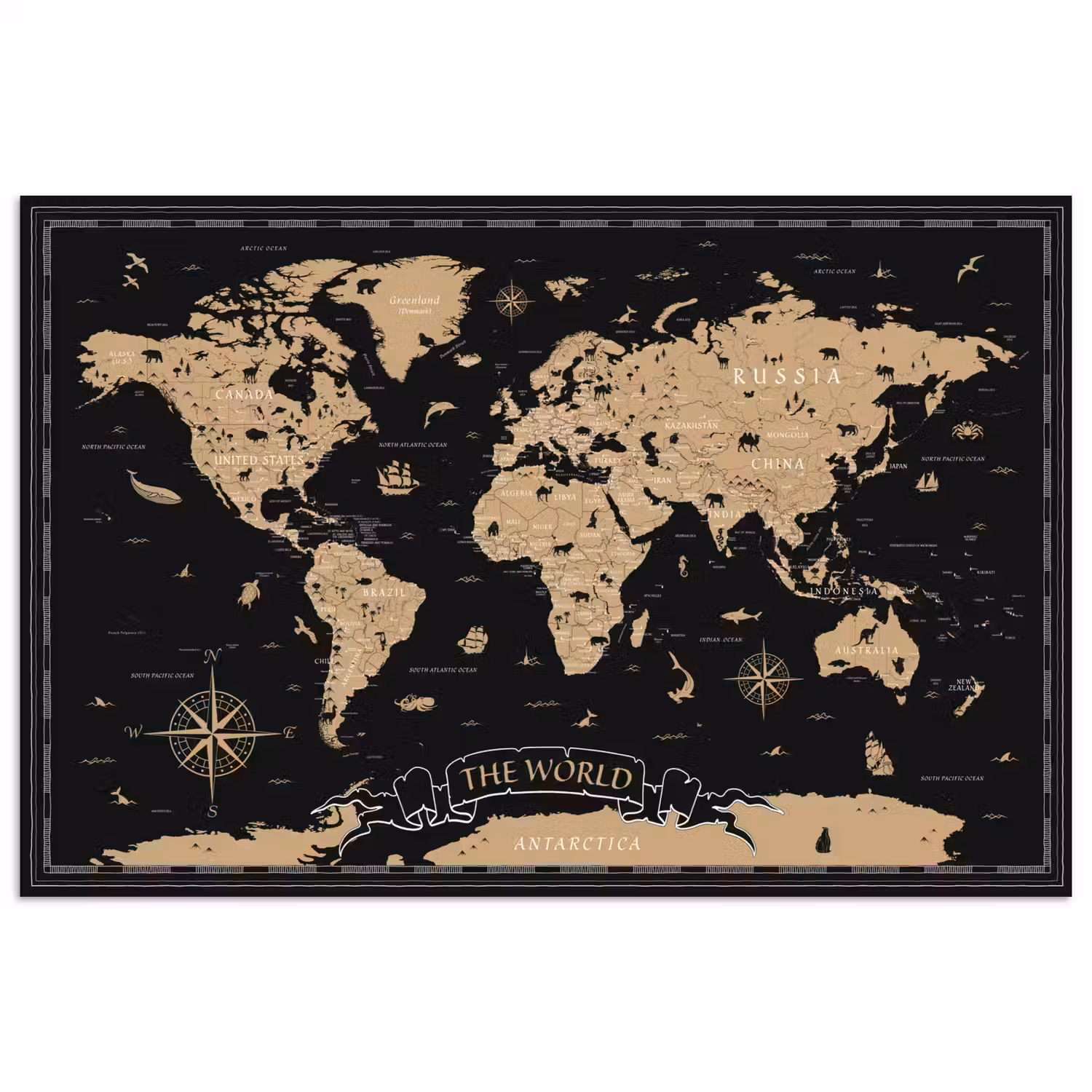 Wereldkaart - Beige - Zwart poster papier klein -3d