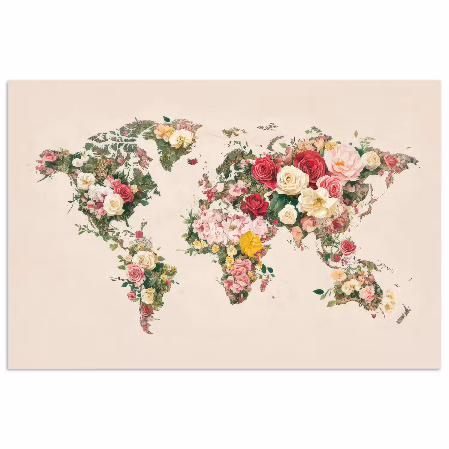 Wereldkaart - Bloemen - Roze poster papier klein -3d