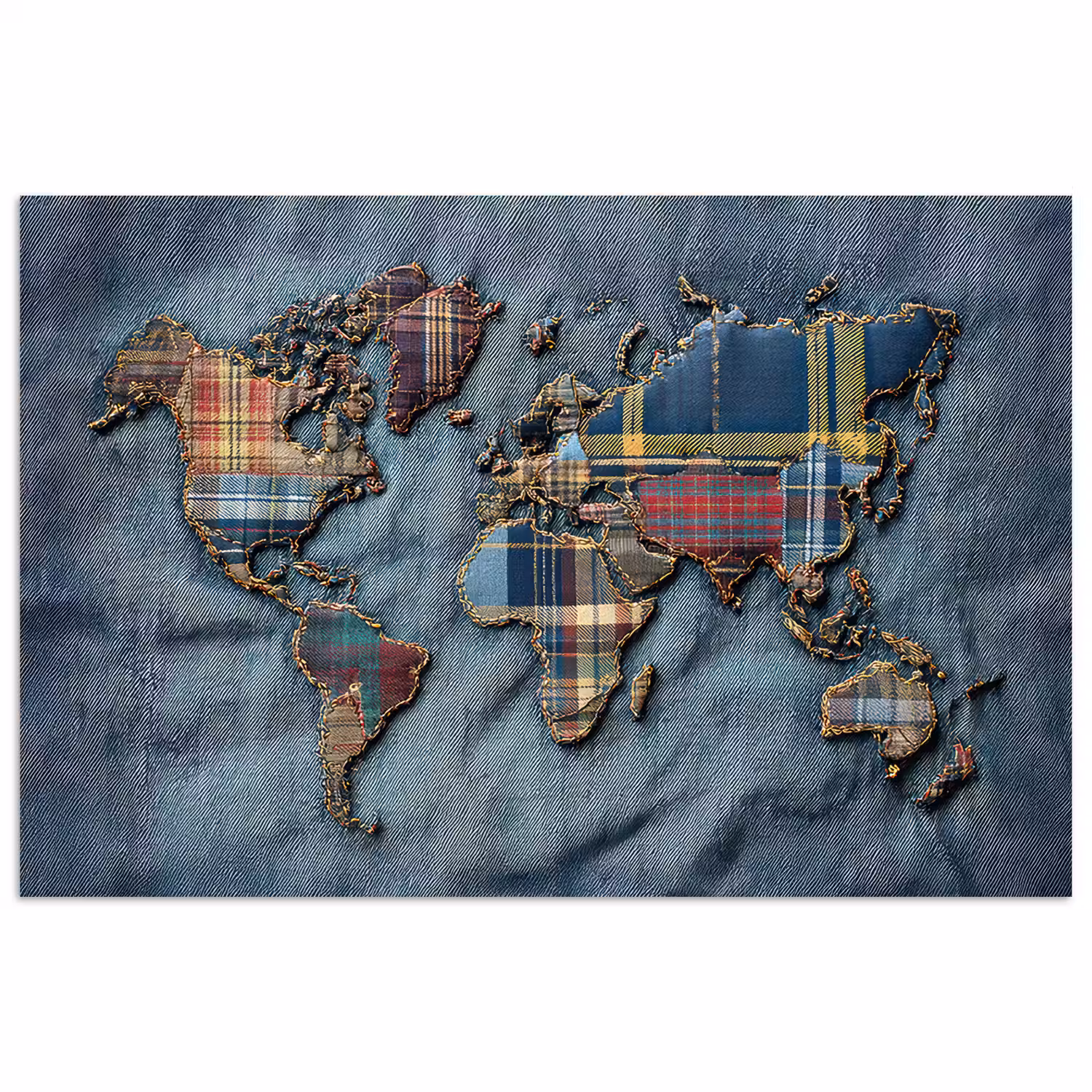 Wereldkaart - Denim - Textiel poster papier klein -3d