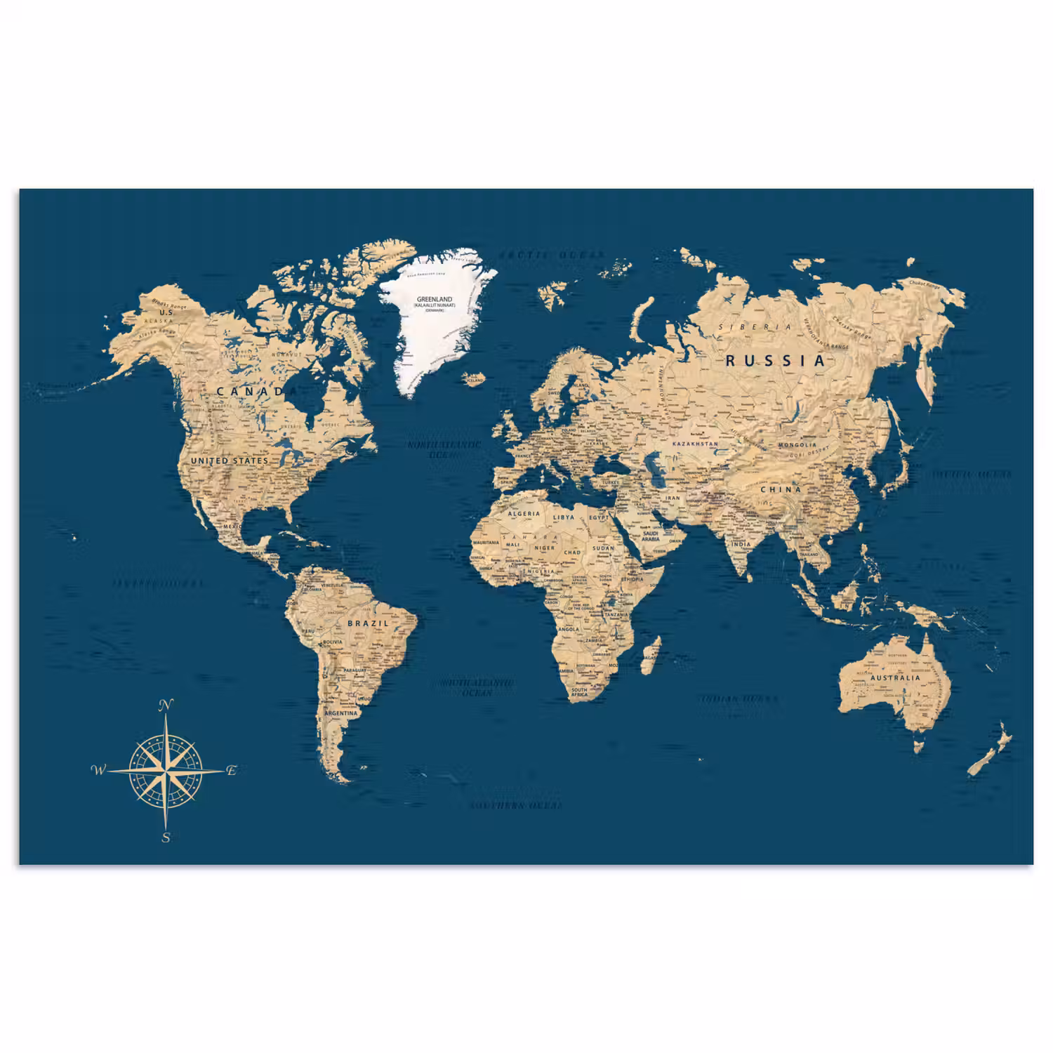Wereldkaart - Donkerblauw - Beige poster papier klein -3d