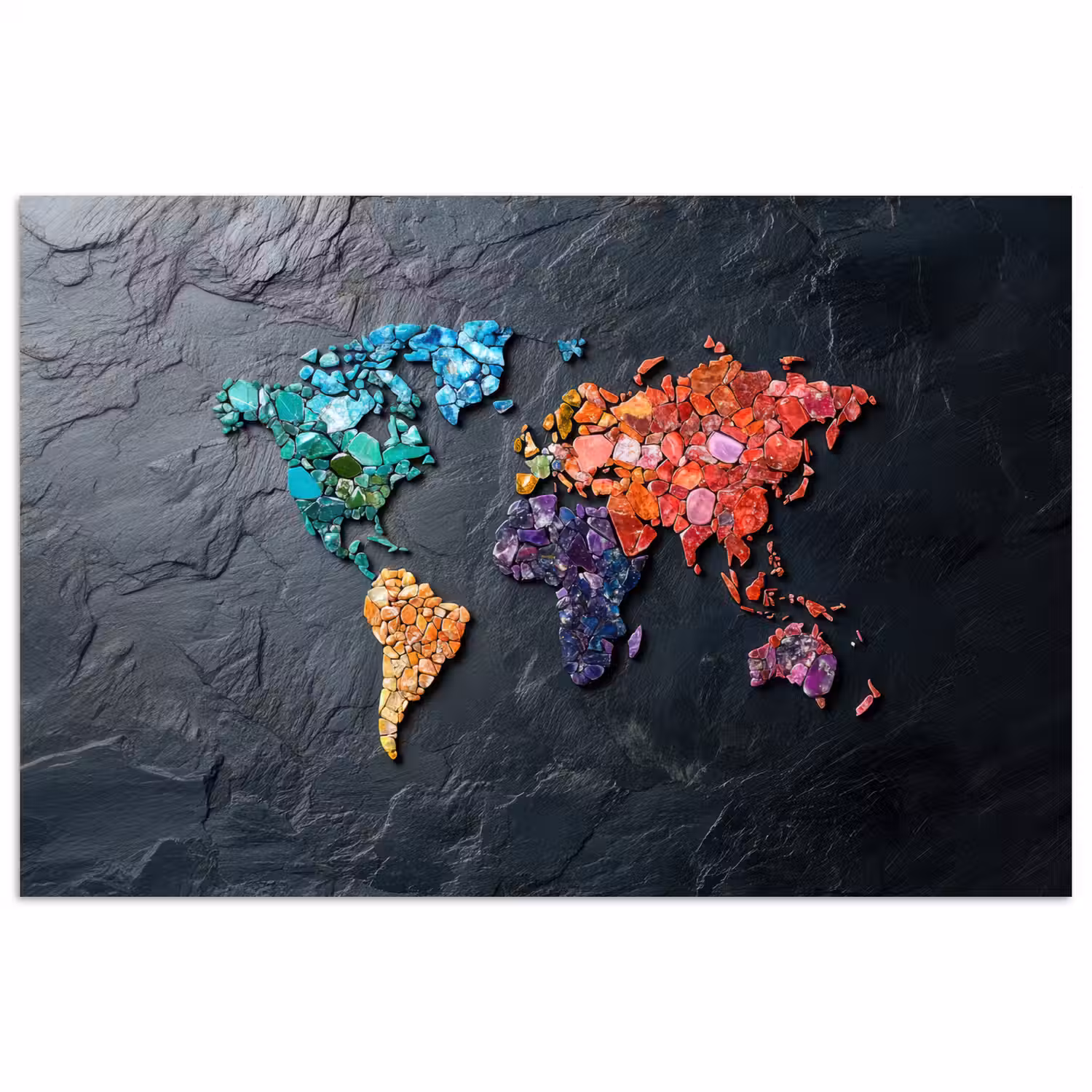 Wereldkaart - Edelstenen - Regenboog - Ruw poster papier klein -3d