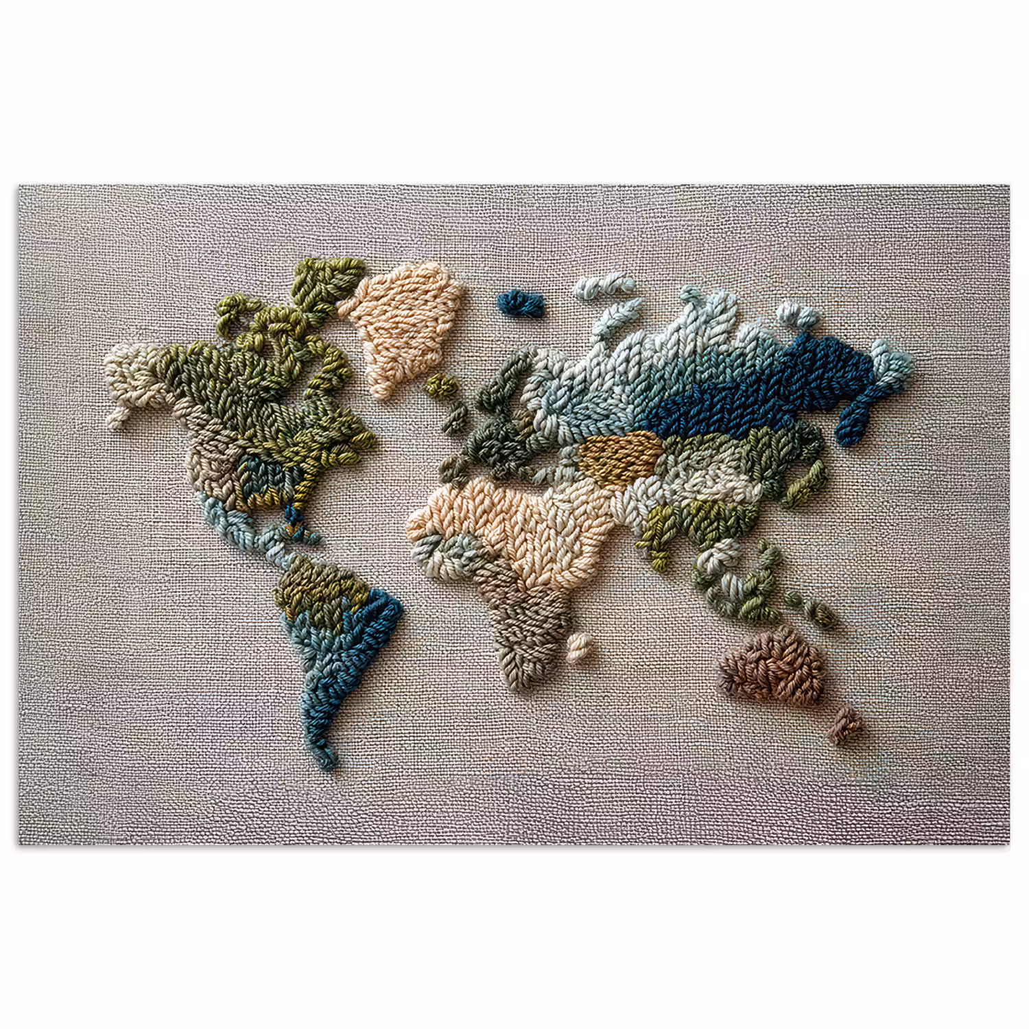 Wereldkaart - Geborduurd - Aardetinten poster papier klein -3d