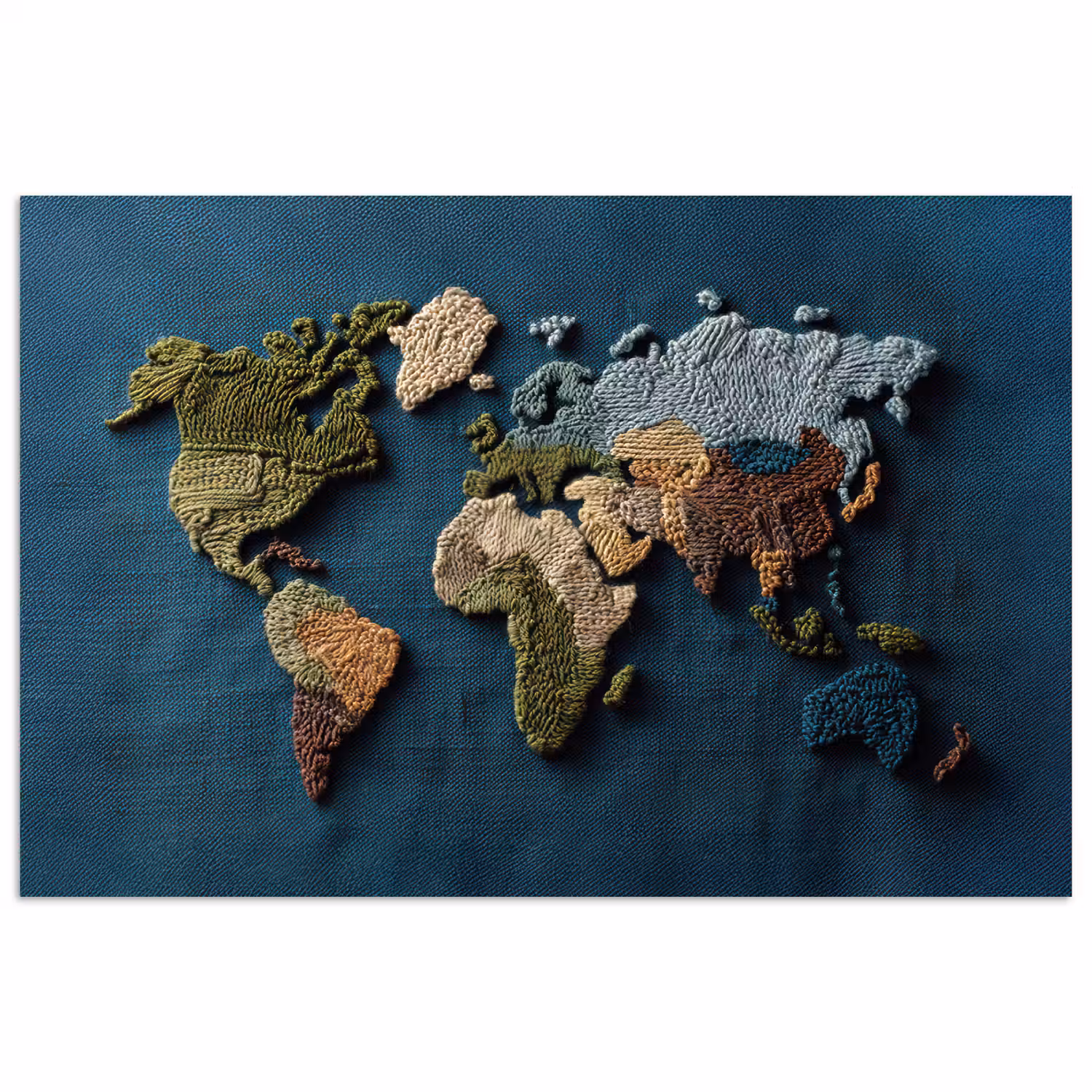 Wereldkaart - Geborduurd - Verschillende tinten poster papier klein -3d