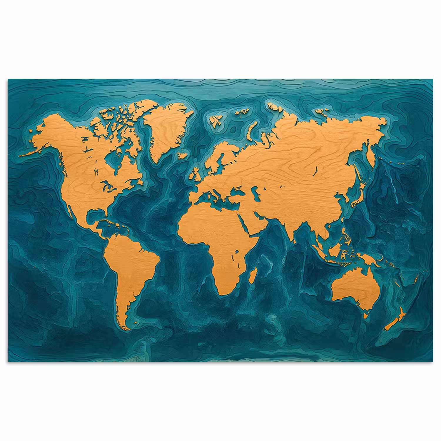Wereldkaart - Houtsnede - Turkooisblauw poster papier klein -3d
