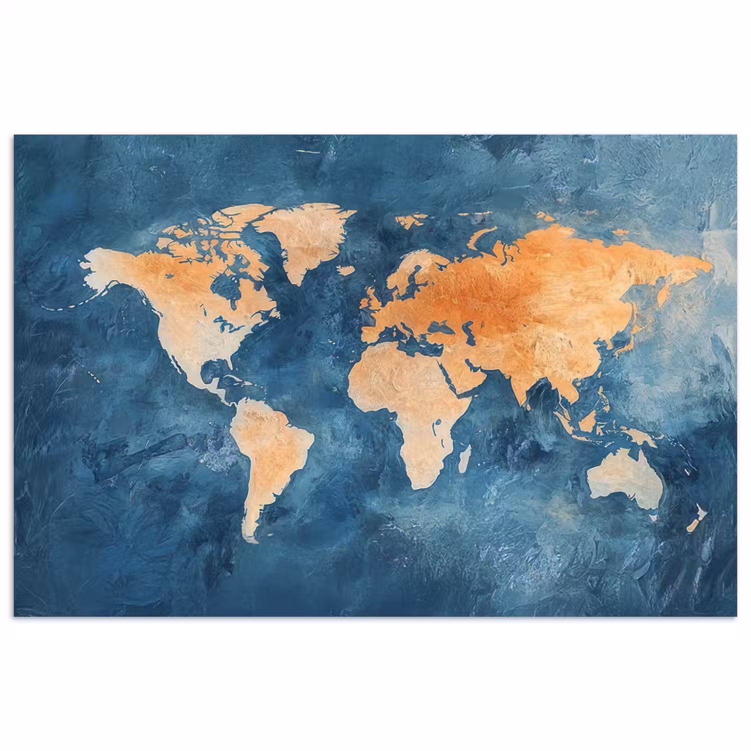Wereldkaart - Olieverfschilderij - Blauw - Oranje poster papier klein -3d