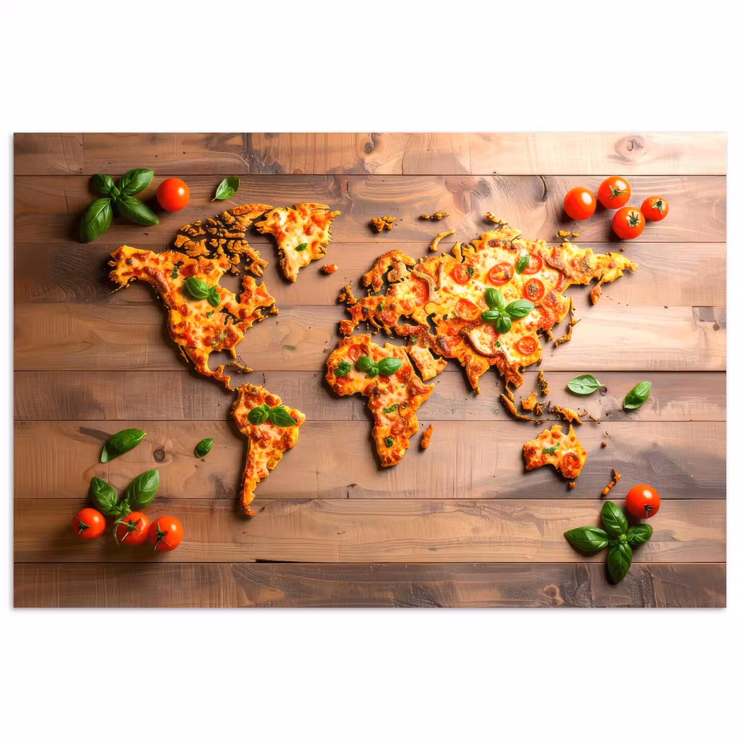 Wereldkaart - Pizza - Houten ondergrond poster papier klein -3d