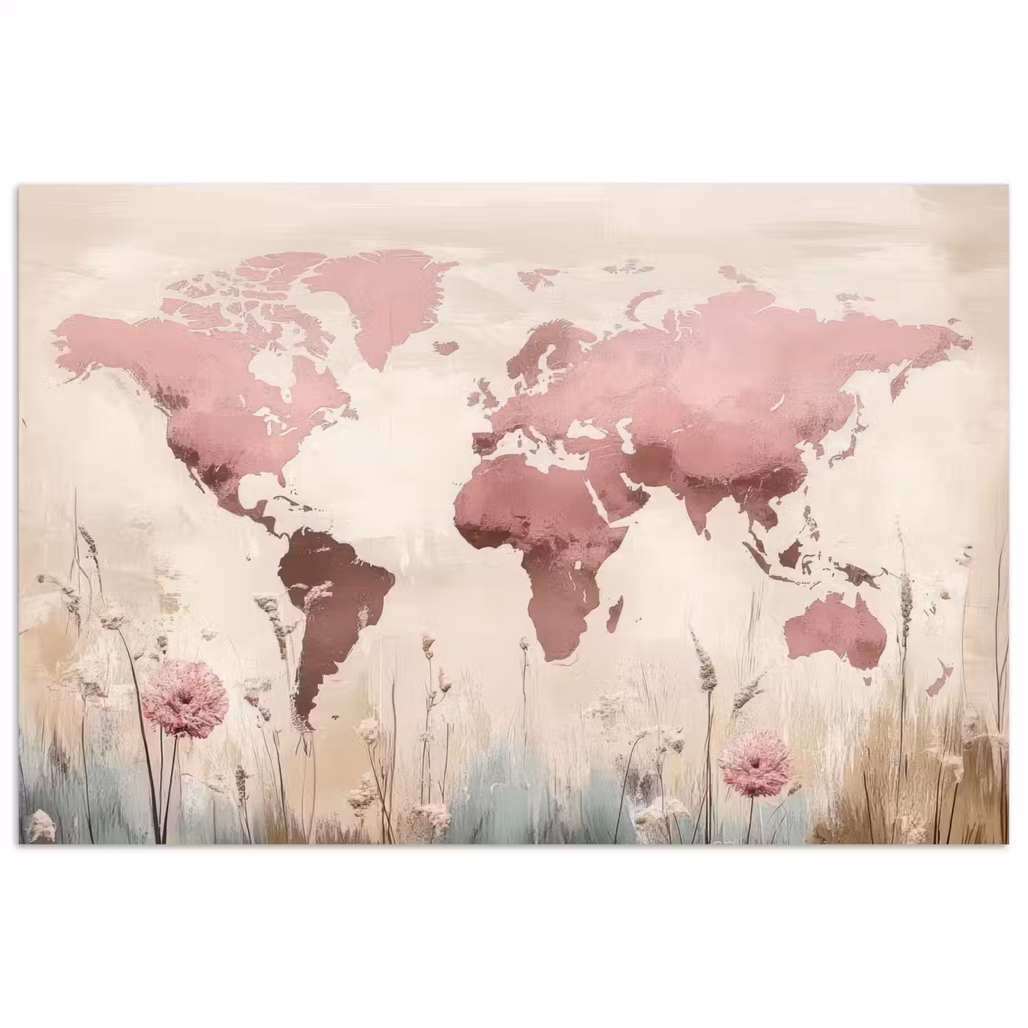 Wereldkaart - Roze - Bloemen poster papier klein -3d