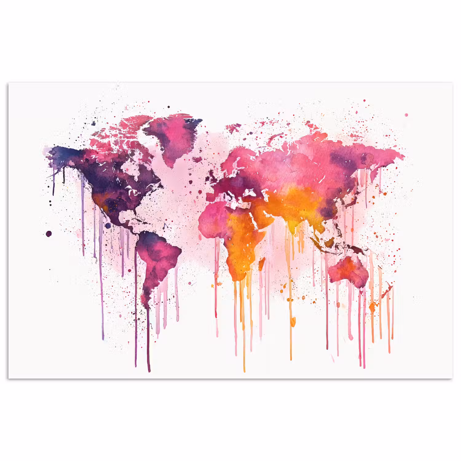 Wereldkaart - Roze - Druppels - Verf poster papier klein -3d