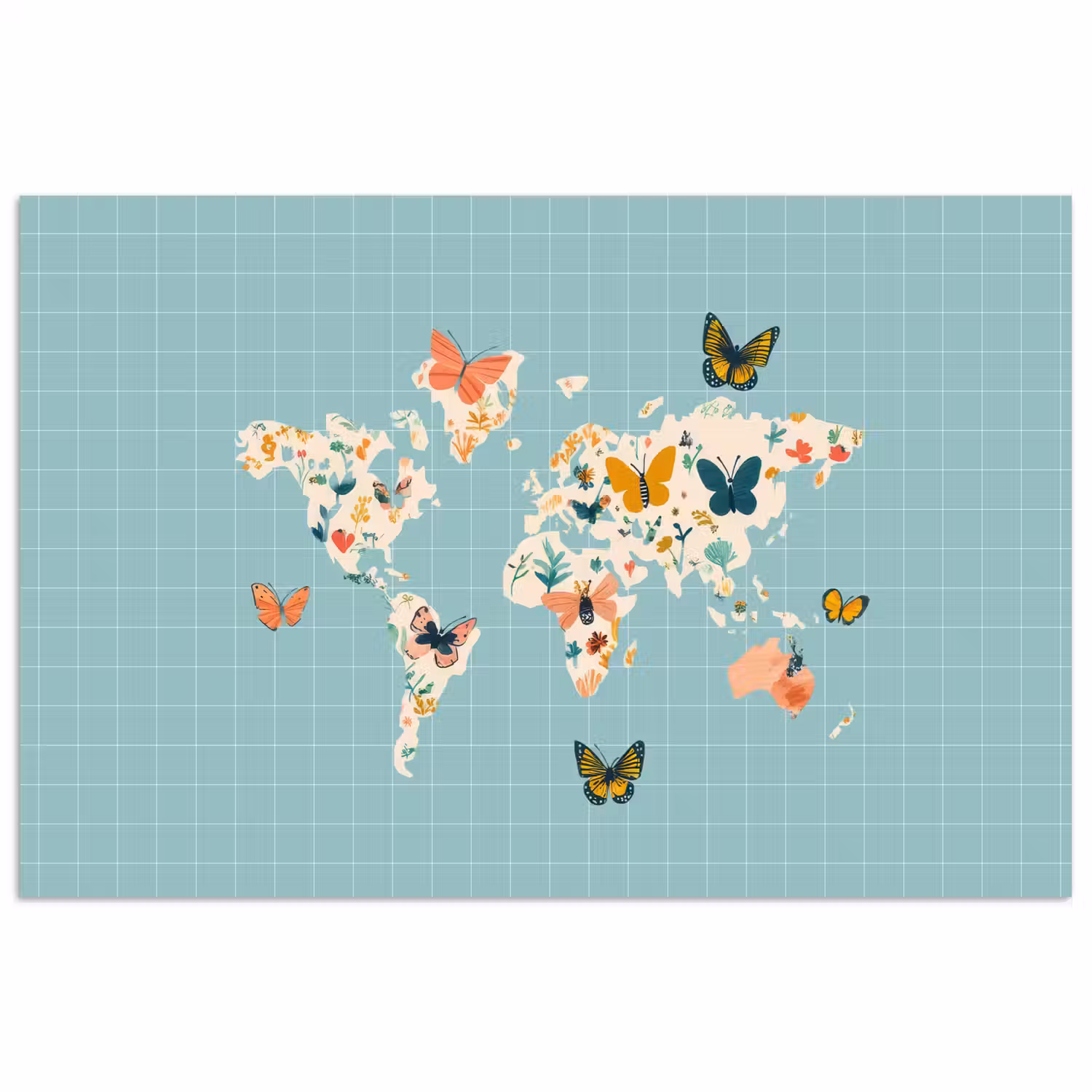 Wereldkaart - Vlinders - Dromerig poster papier klein -3d