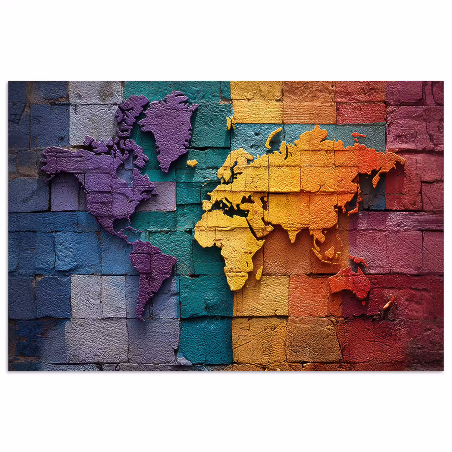 Wereldkaart - Bakstenen - Regenboog poster papier klein -3d