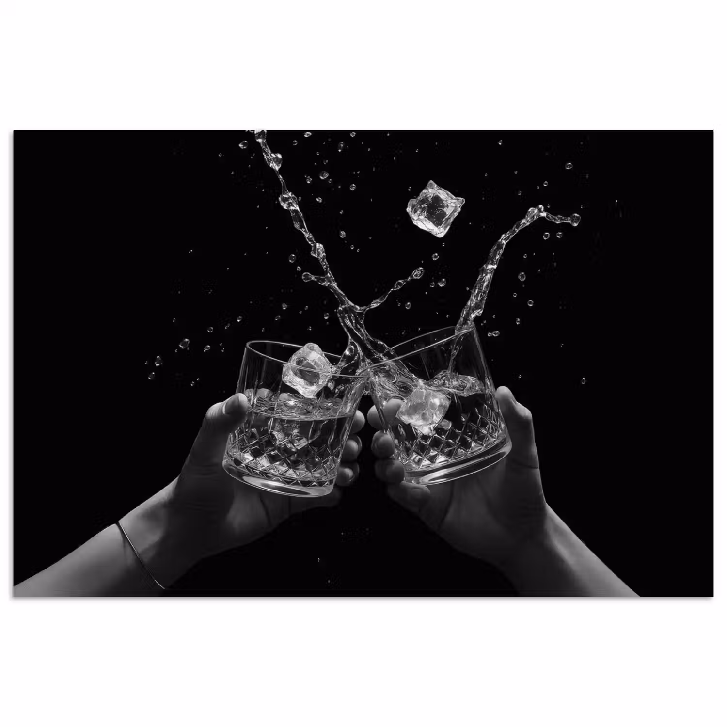 Whiskyglazen - Ijs - Spetters - Zwart poster papier klein -3d