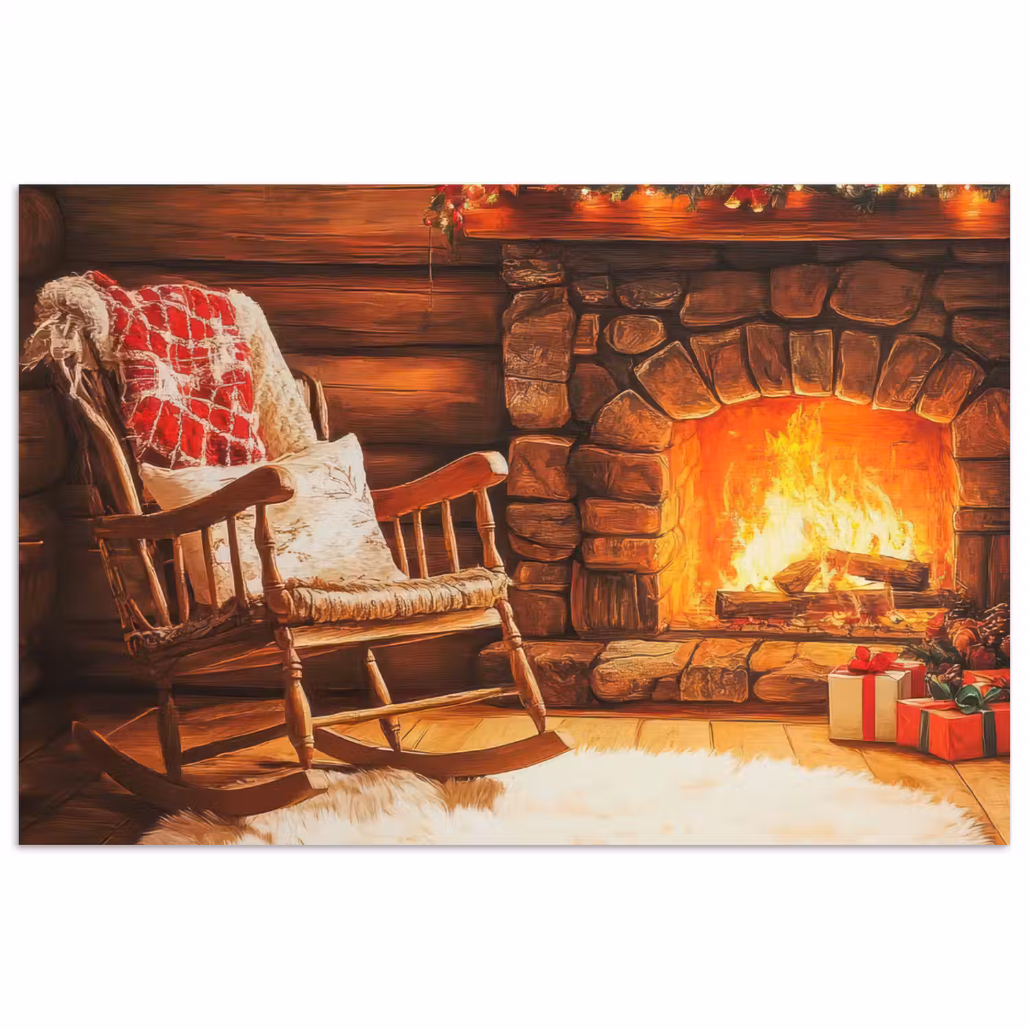 Winter - Kerst - Huis - Openhaard poster papier klein -3d
