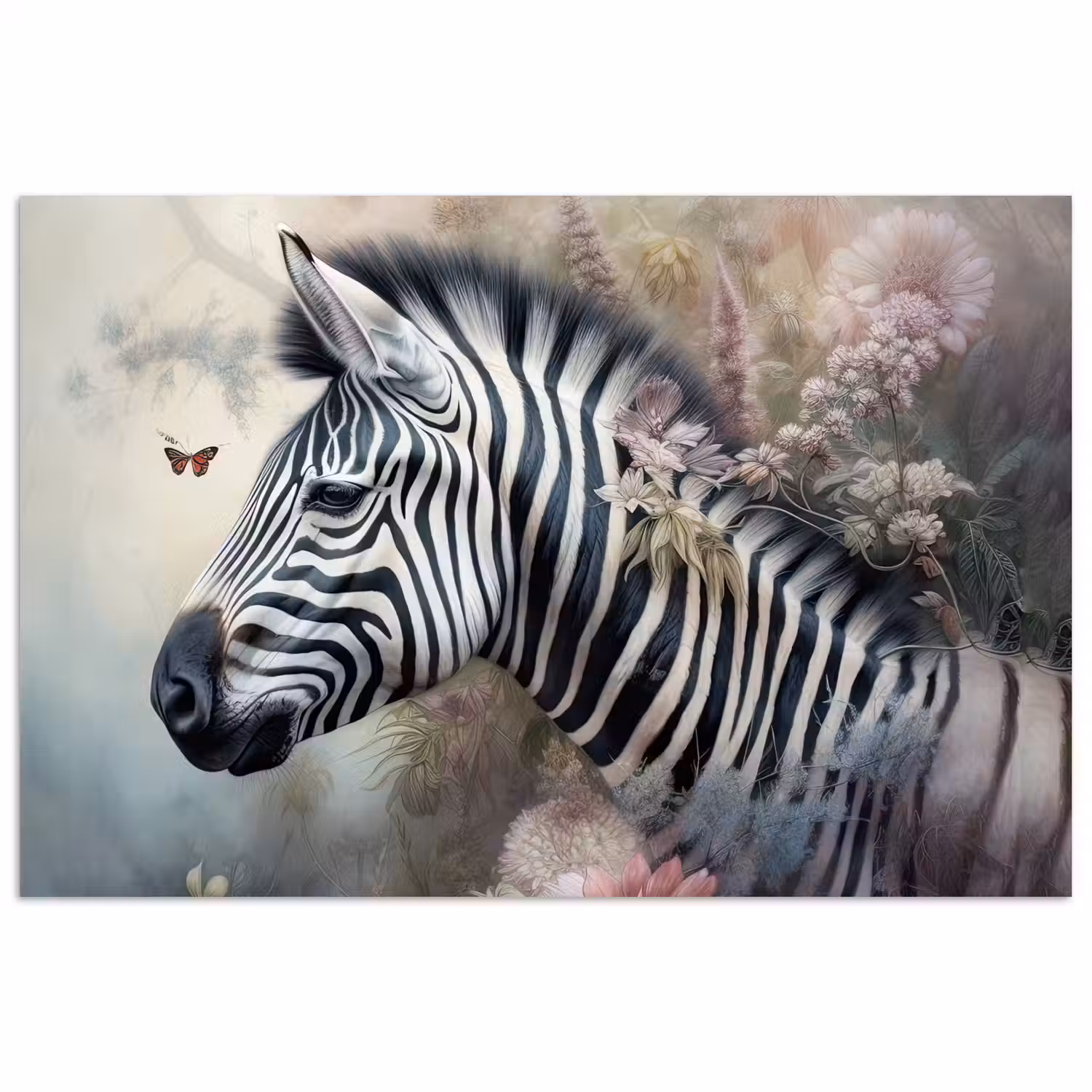 Zebra - Wilde dieren - Vlinder - Bloemen poster papier klein -3d