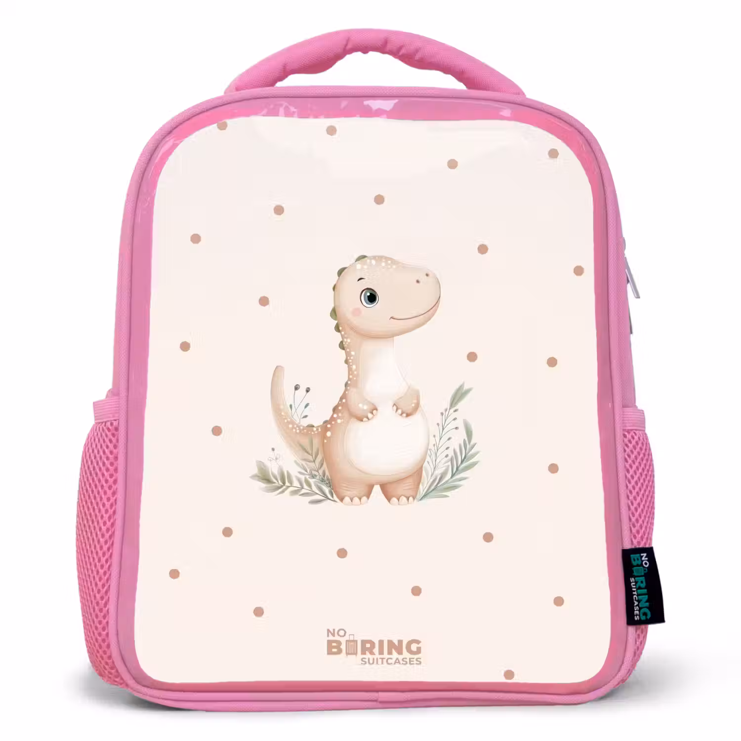 Beige dino op een stippen achtergrond Kinderrugzak - Roze middel -3d