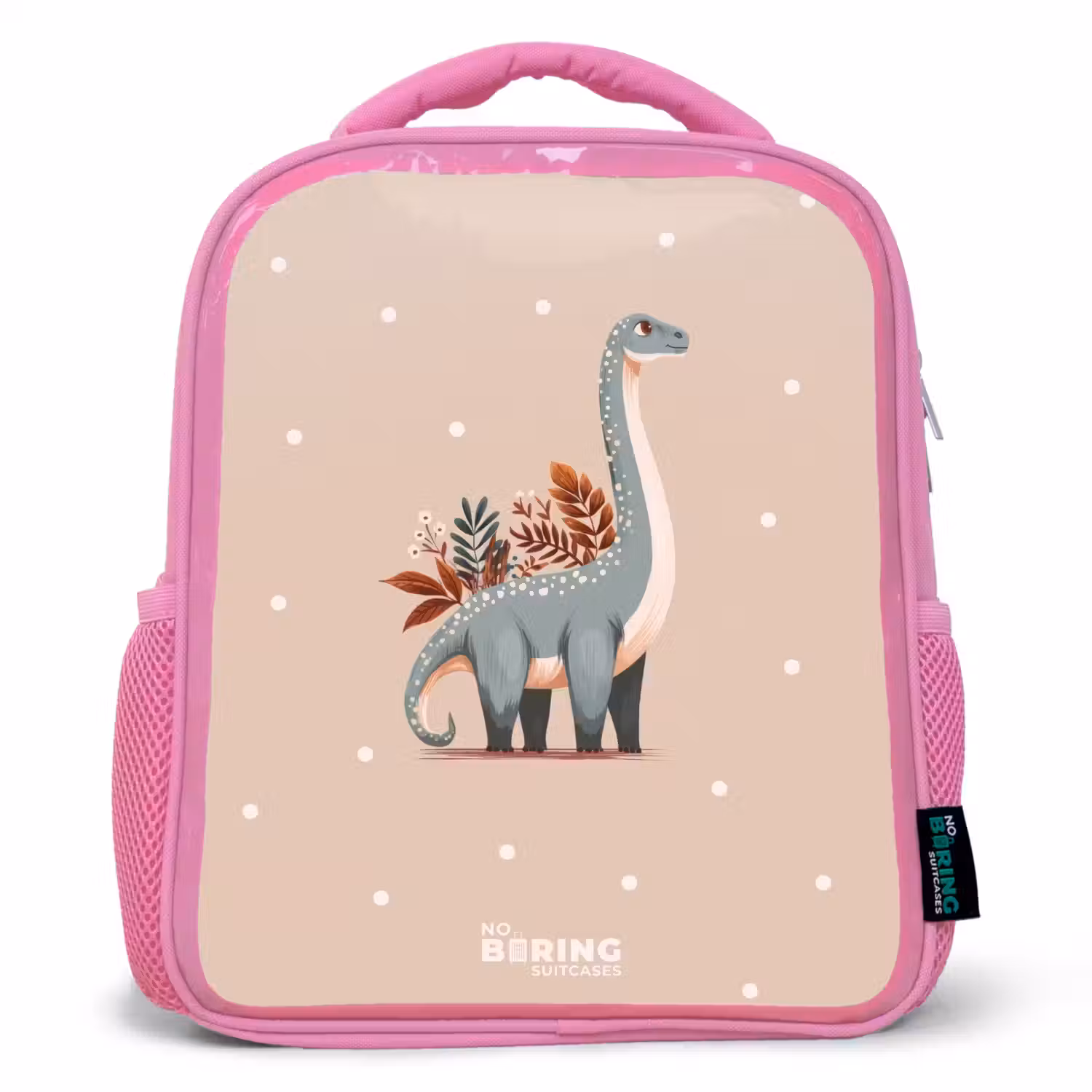 Blauwe dinosaurus op een beige stippenachtergrond Kinderrugzak - Roze middel -3d