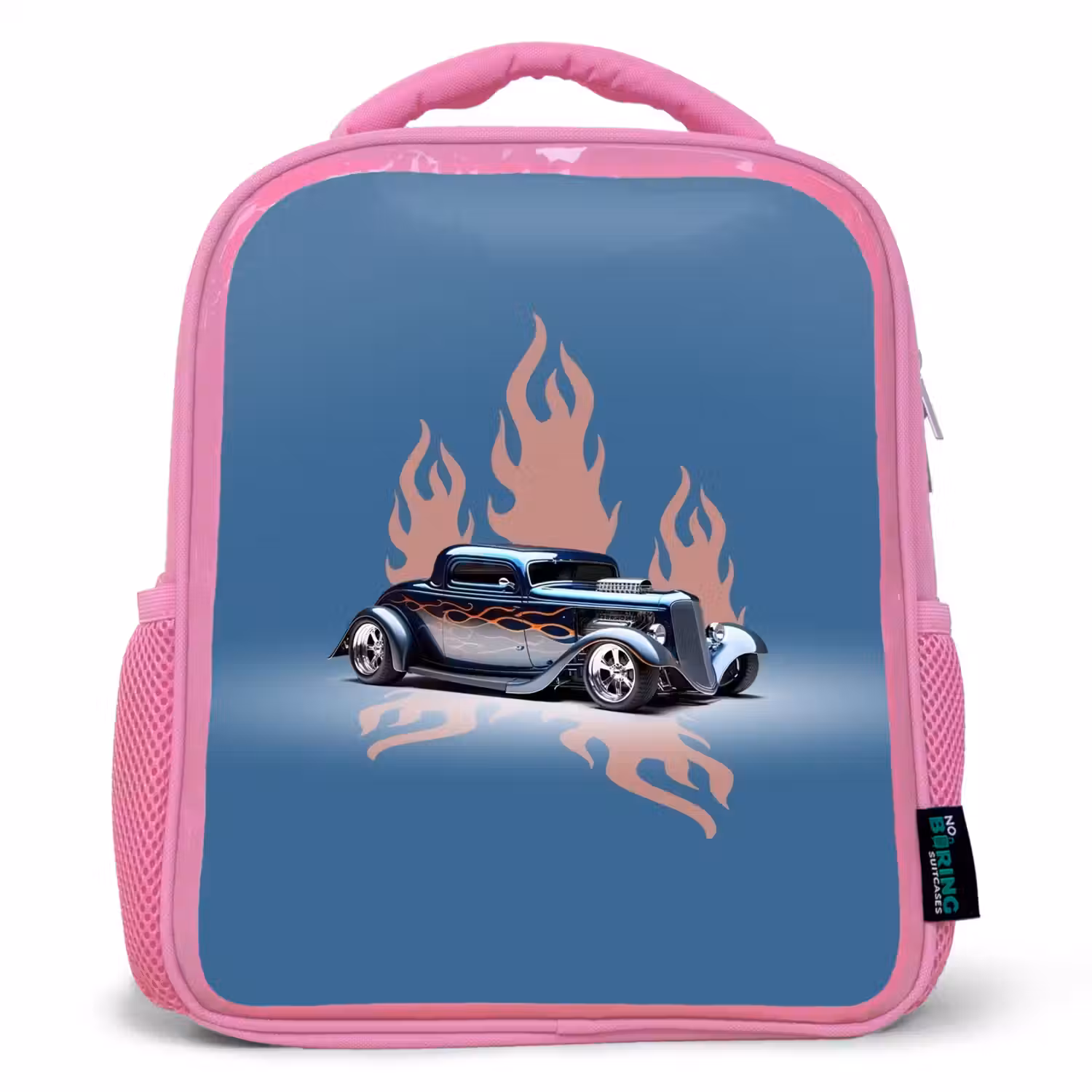 Blauwe auto met roze vlammen Kinderrugzak - Roze middel -3d
